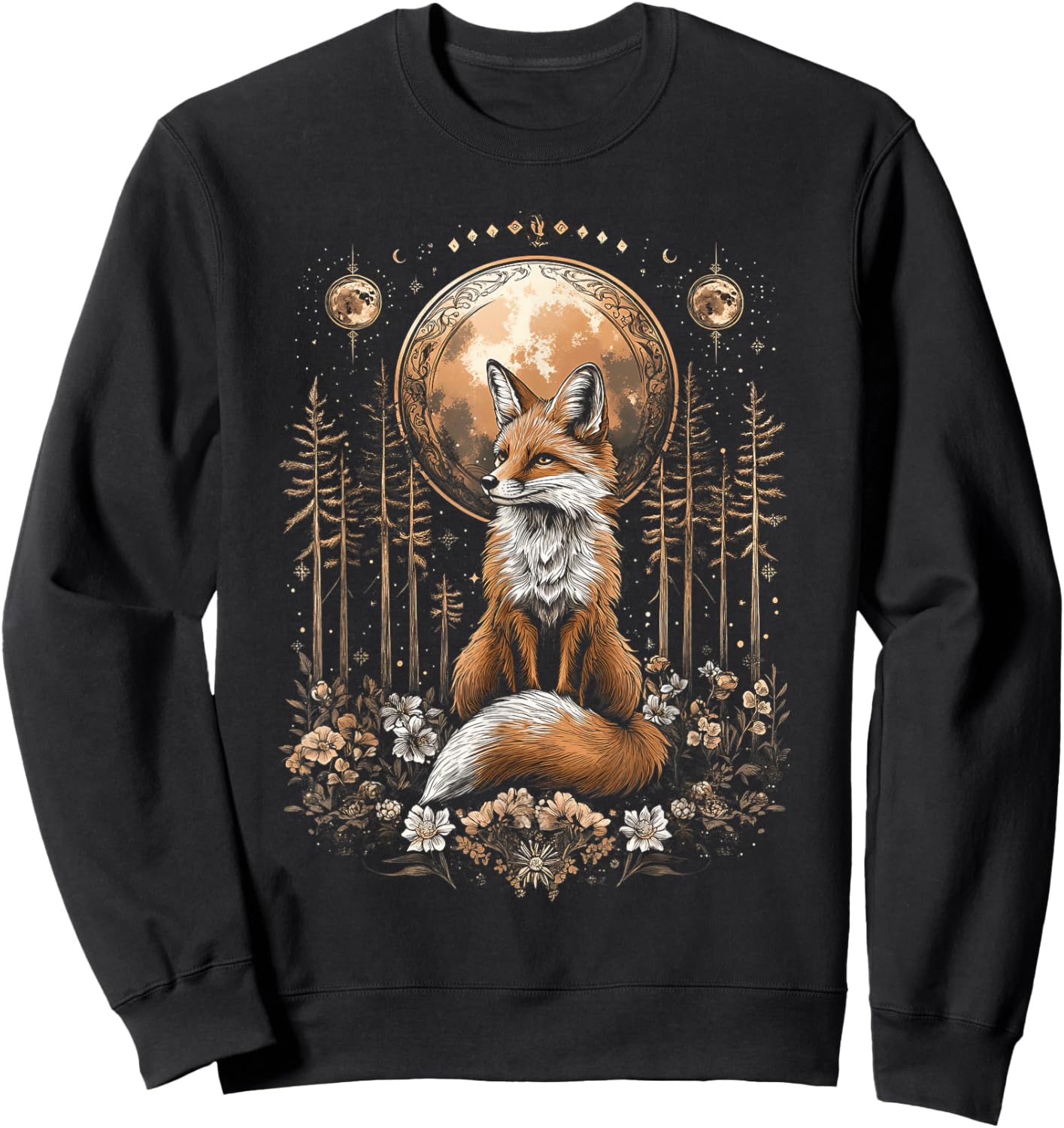 Mystic Moon and Moonphase Fox Mystical Flowers Aesthetic Sweatshirt - Sweatshirt | Black