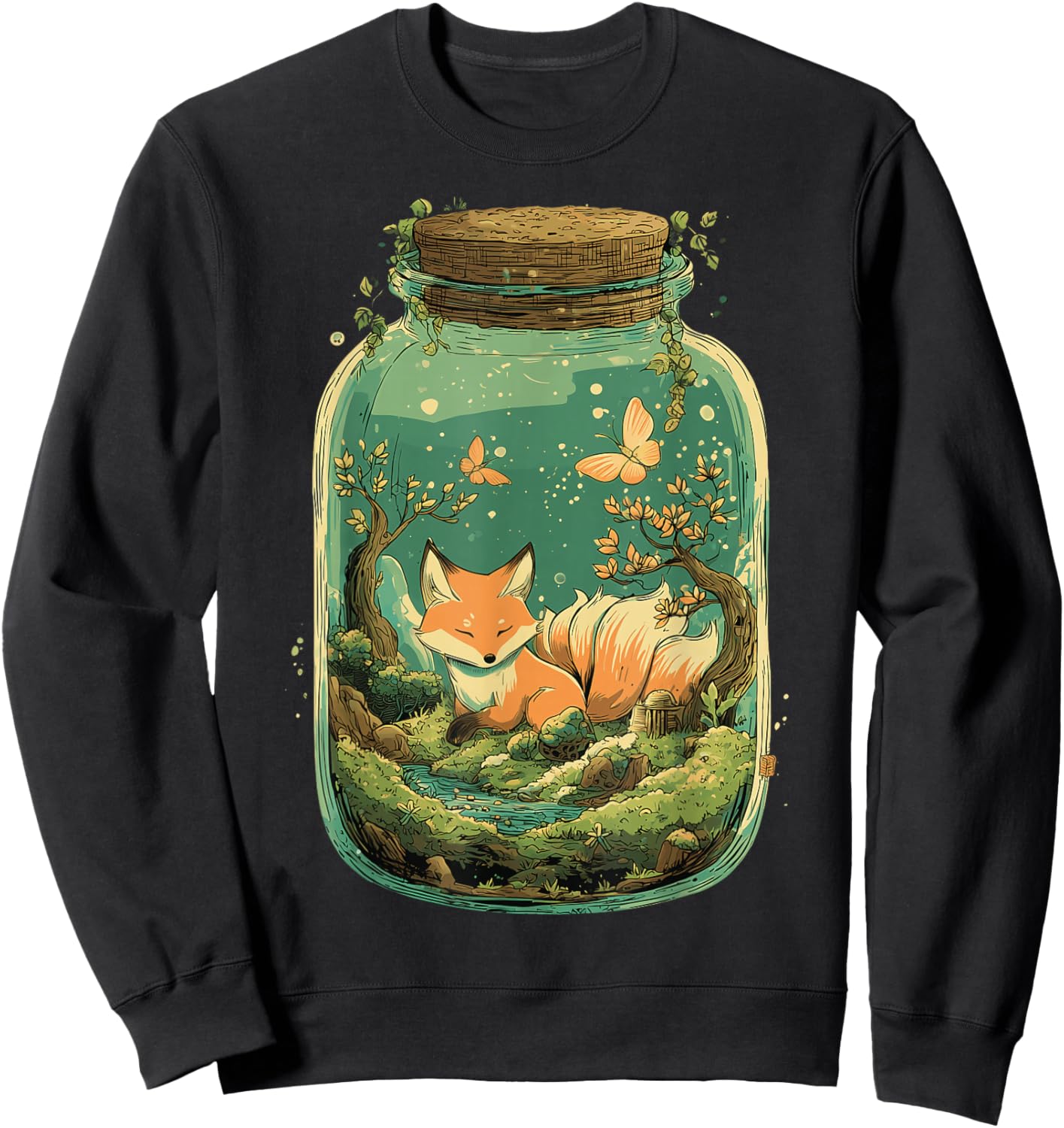 Magical Kitsune Nine-Tailed Fox Kawaii Terrarium Art Sweatshirt - Sweatshirt | Black