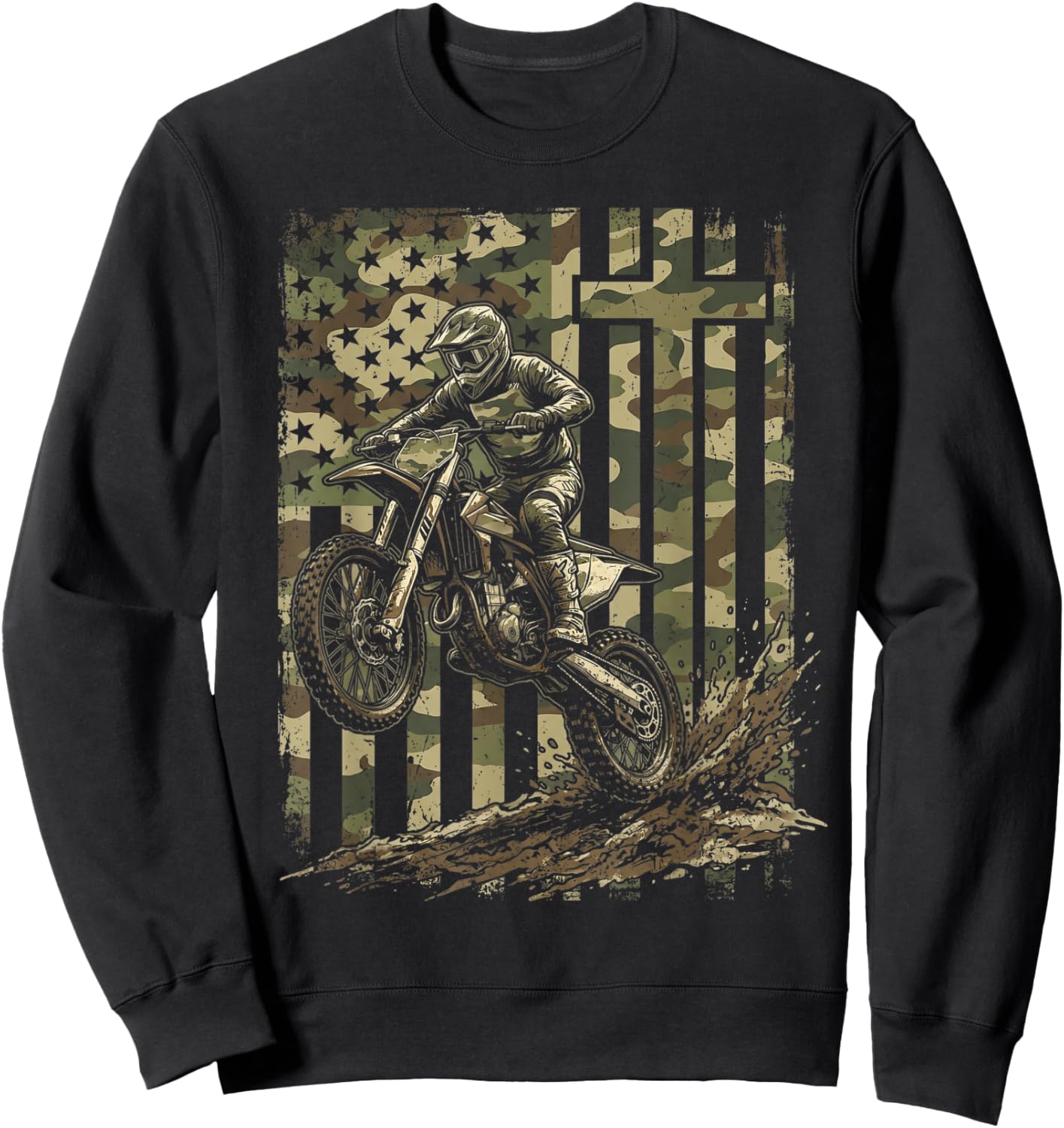 Patriotic Dirt Bike Camo American Flag Christian Motocross Sweatshirt - Sweatshirt | Black