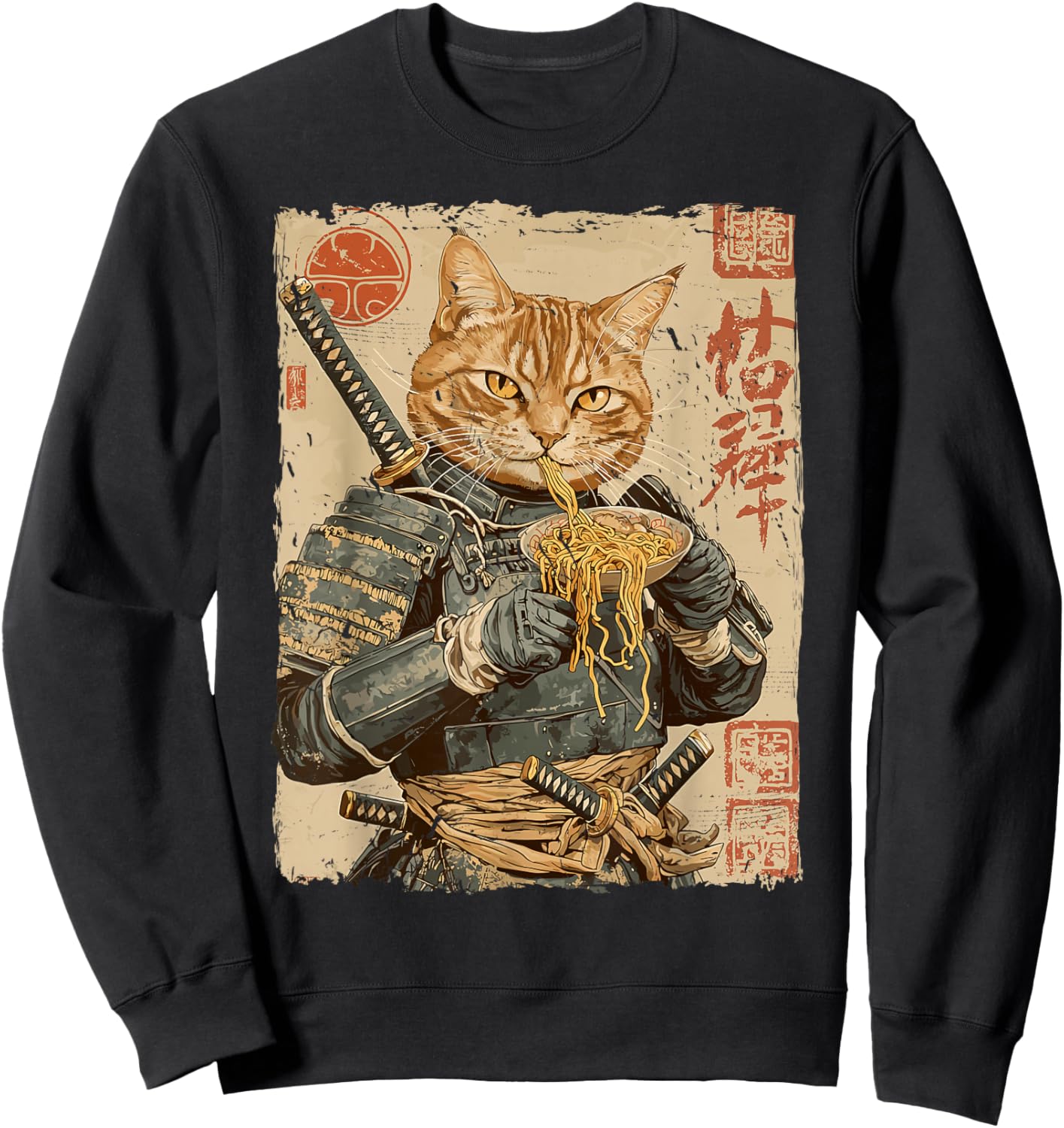 Samurai Cat Loves Ramen Funny Anime Japanese Artwork Samurai Sweatshirt - Sweatshirt | Black
