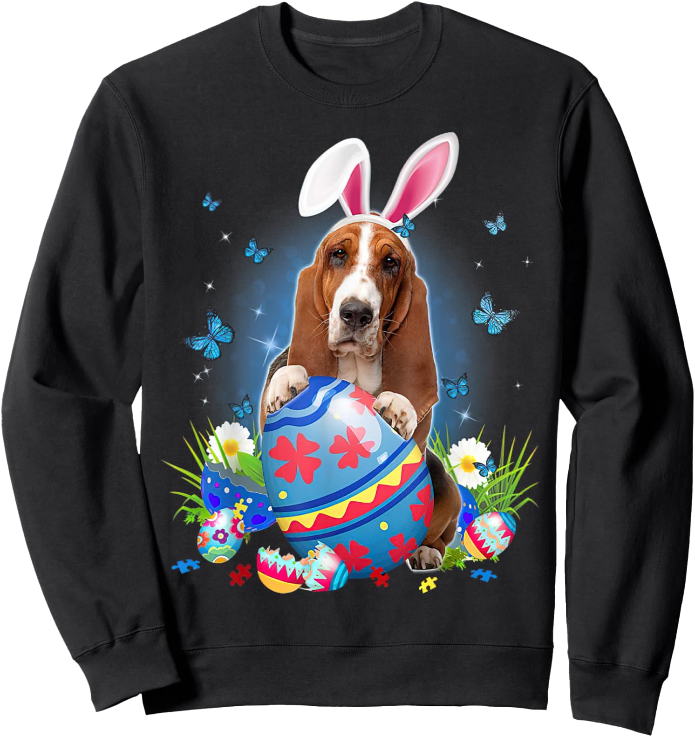 Easter Cute Basset Hound Dog Lover Bunny Eggs Easter Sweatshirt - Sweatshirt | Black