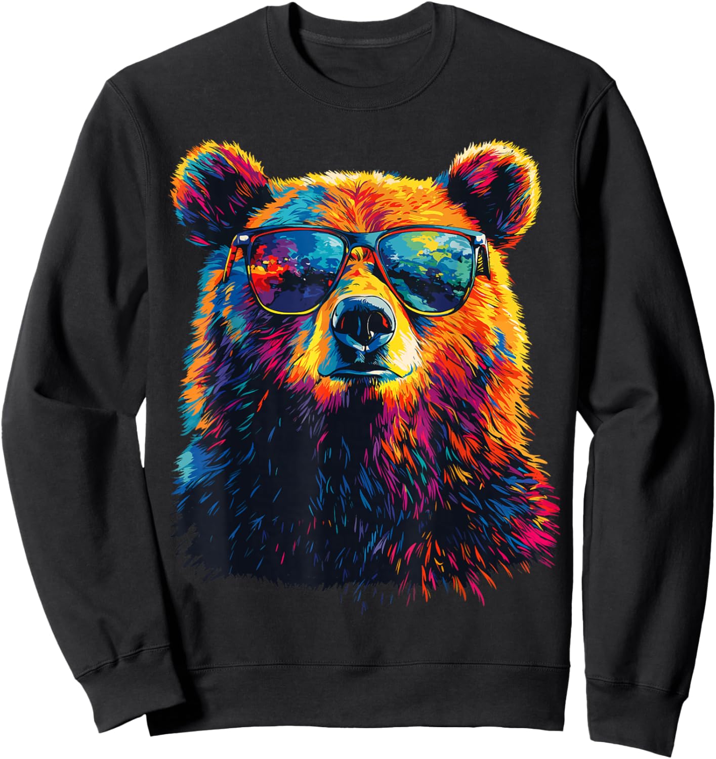 Bear Wearing Sunglasses Wildlife Graphic Colorful Bear Sweatshirt - Sweatshirt | Black