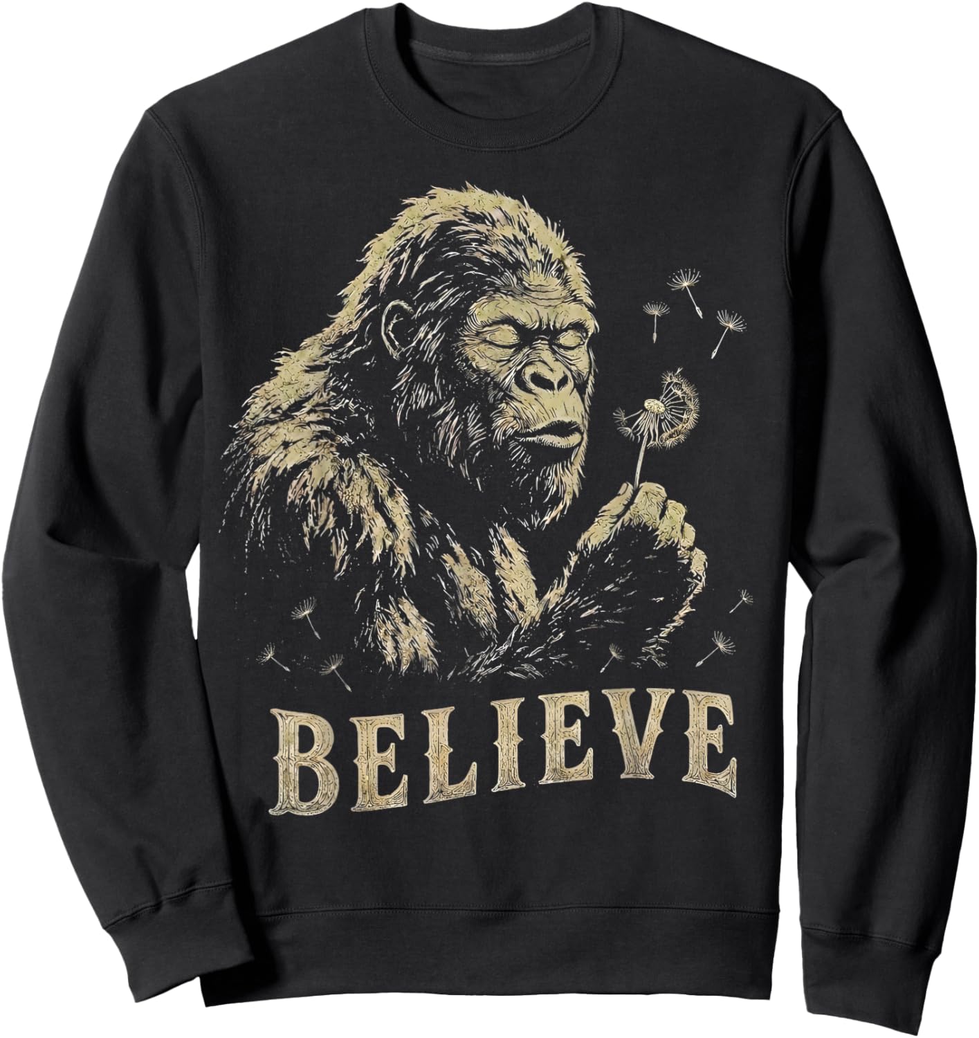 Vintage Sasquatch Believe Cryptid Blowing Dandelion Gifts Sweatshirt - Sweatshirt | Black