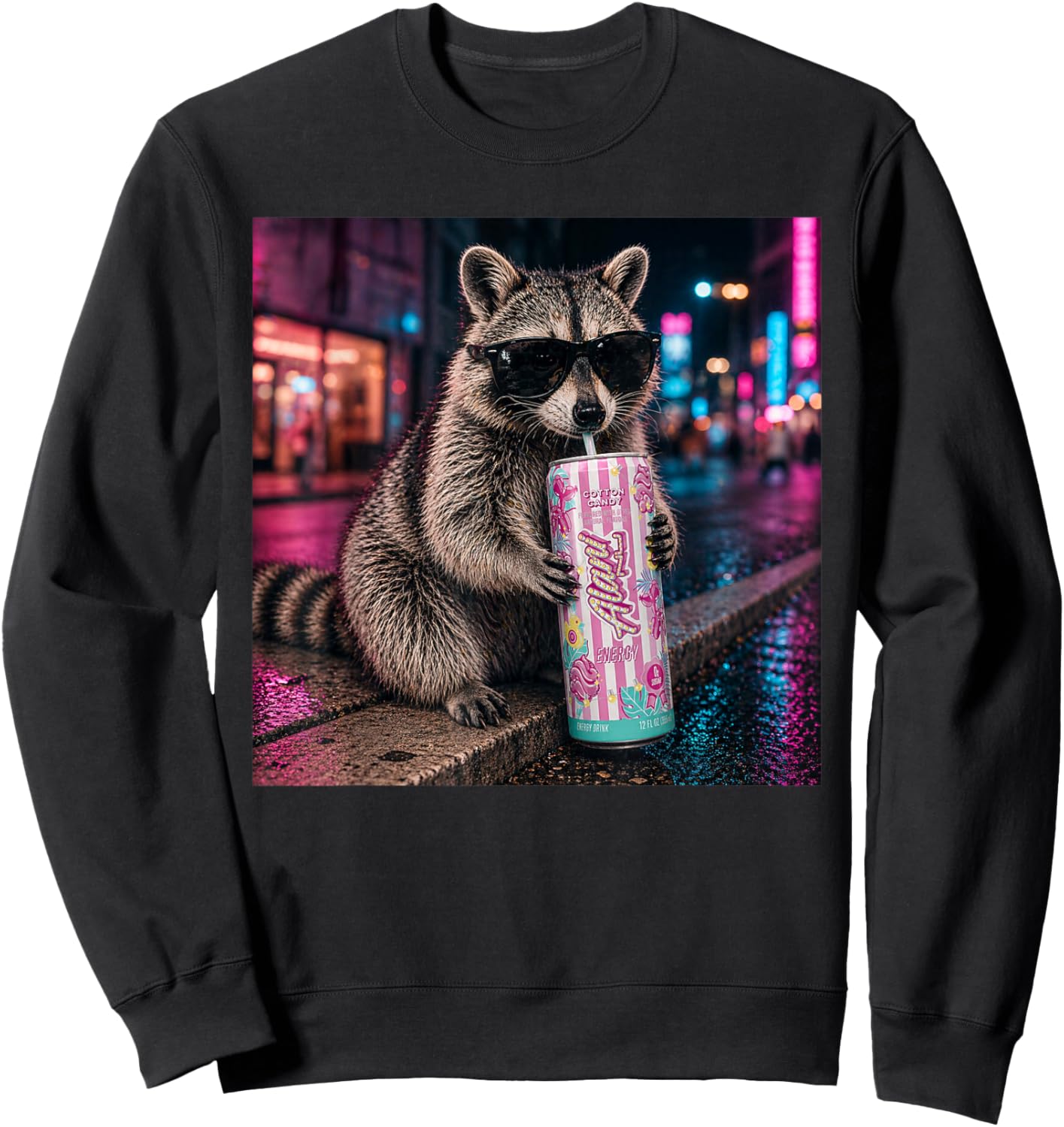 Funny Raccoon Cotton-Candy Drink Animal Meme Graphic Sweatshirt - Sweatshirt | Black