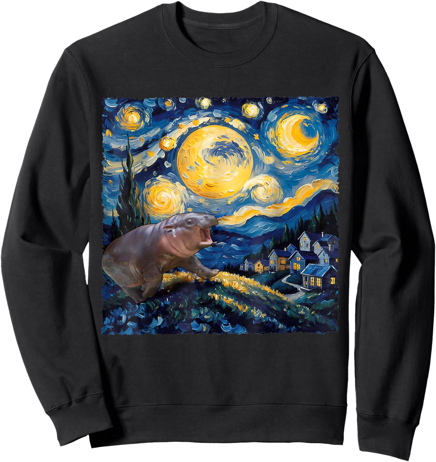 Moo-Deng Starry Night Van Gogh Funny Moo-Deng Meme Sweatshirt - Sweatshirt | Black