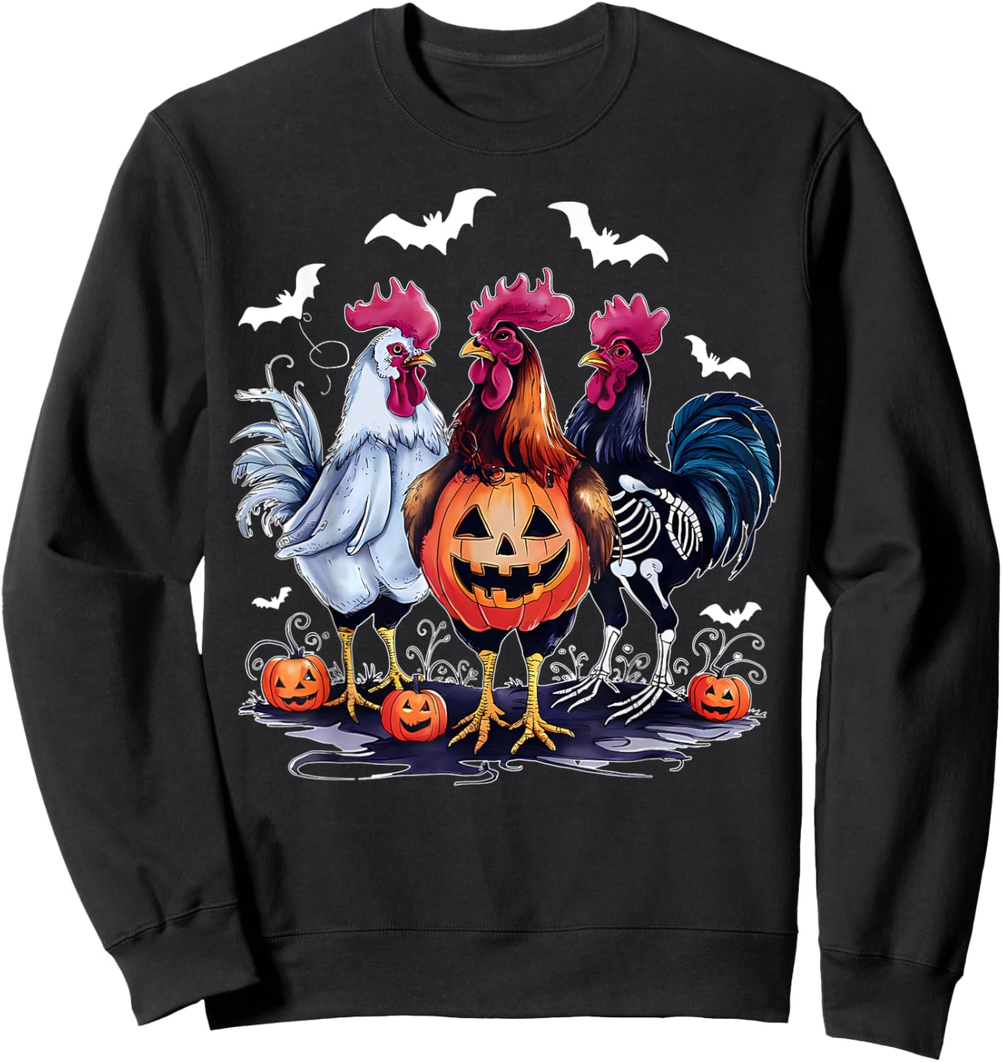 Retro Pumpkin Rooster Bat Chicken Farm Animal Spooky Party Sweatshirt - Sweatshirt | Black