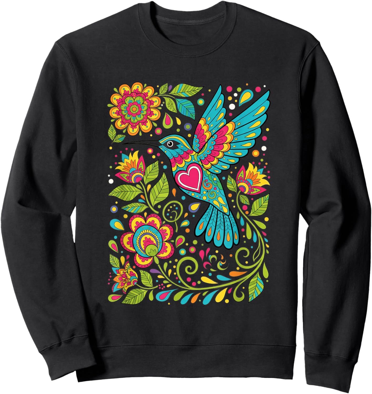 Bird Hummingbird Floral Folk-Art Colorful Sweatshirt - Sweatshirt | Black