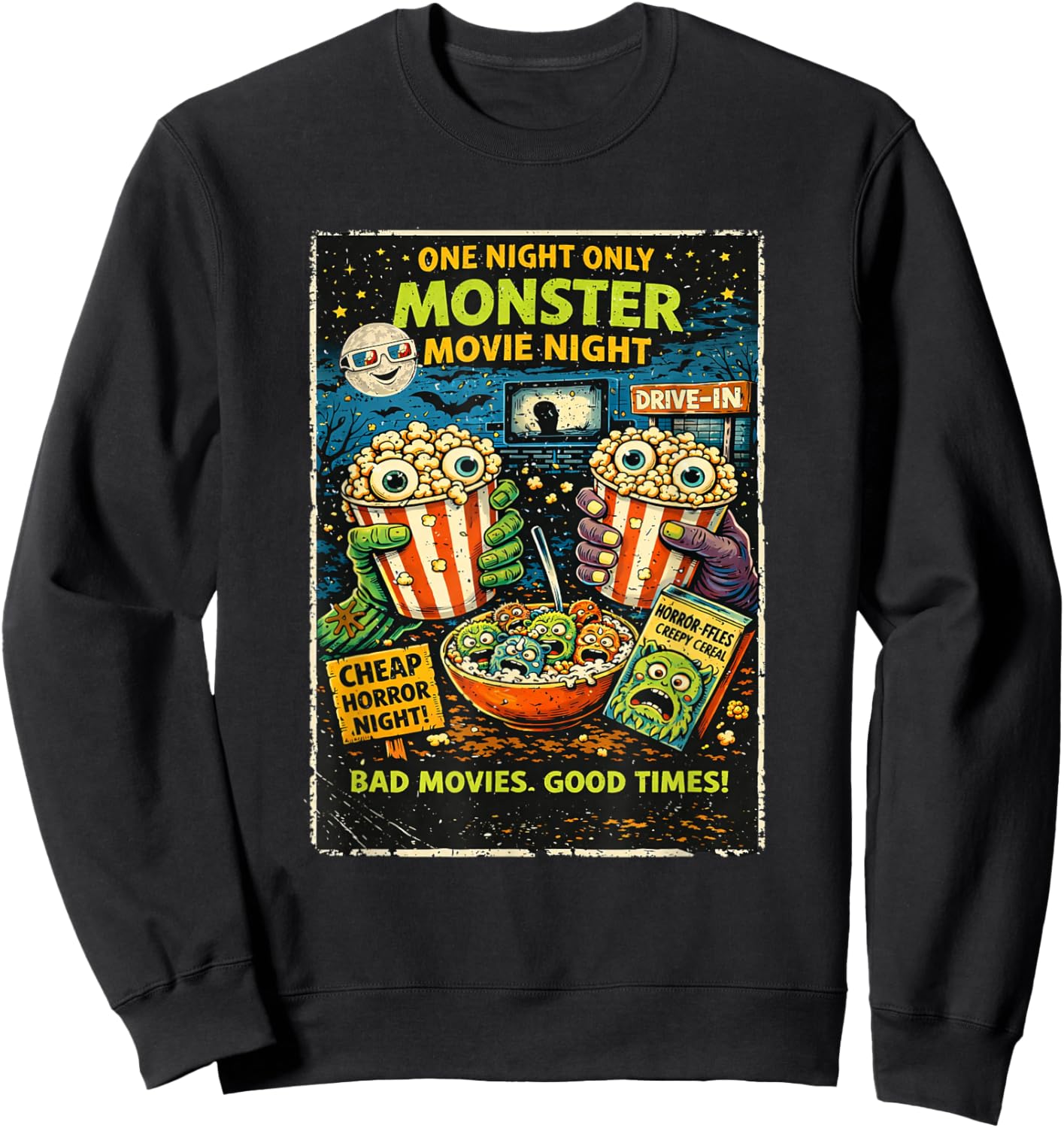 Design Film Horreur Rétro avec Popcorn Monstres Drive-in Sweatshirt - Sweatshirt | Black
