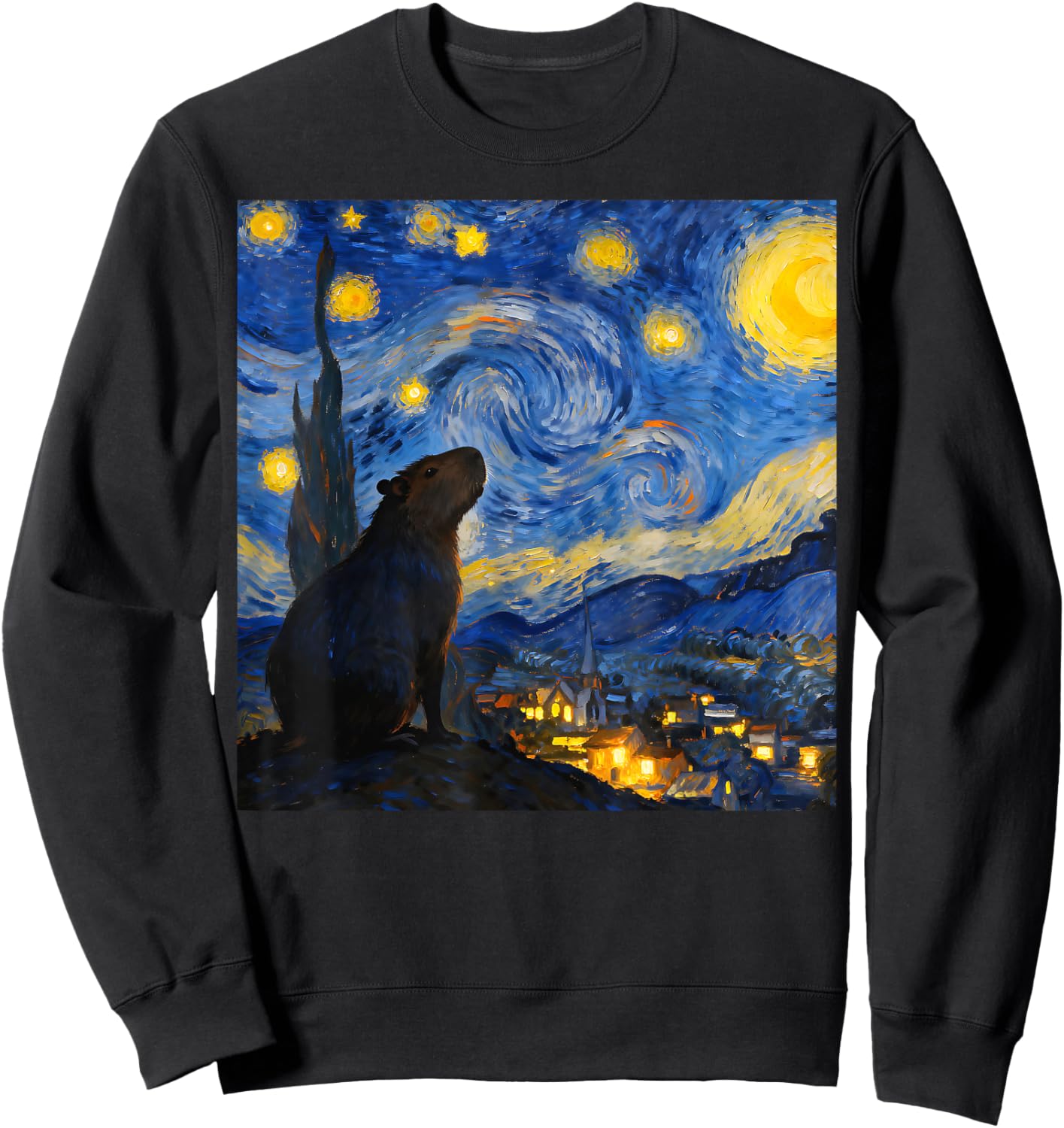 Funny Capybara Graphic Van Gogh Style Starry Night Capybara Sweatshirt - Sweatshirt | Black