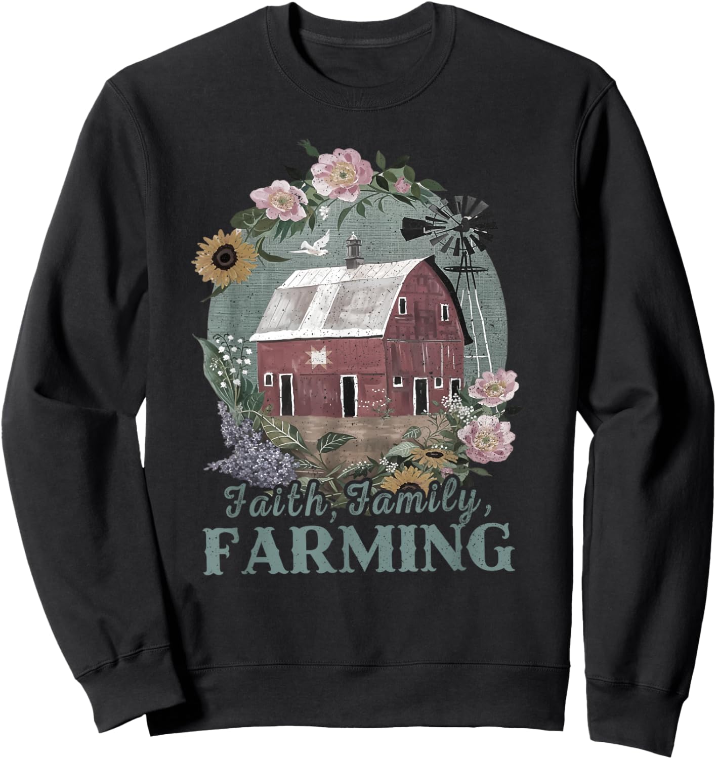 Vintage Faith Family Farming, Boho Floral Vintage Farmer Sweatshirt - Sweatshirt | Black