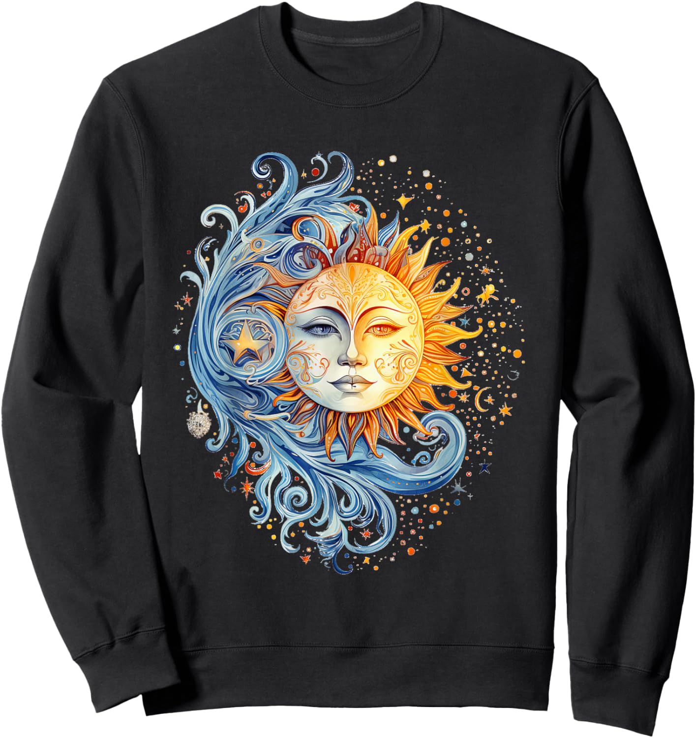 Mystical Sun and Moon with Woman Mystical Flowers Aesthetic Sweatshirt - Sweatshirt | Black