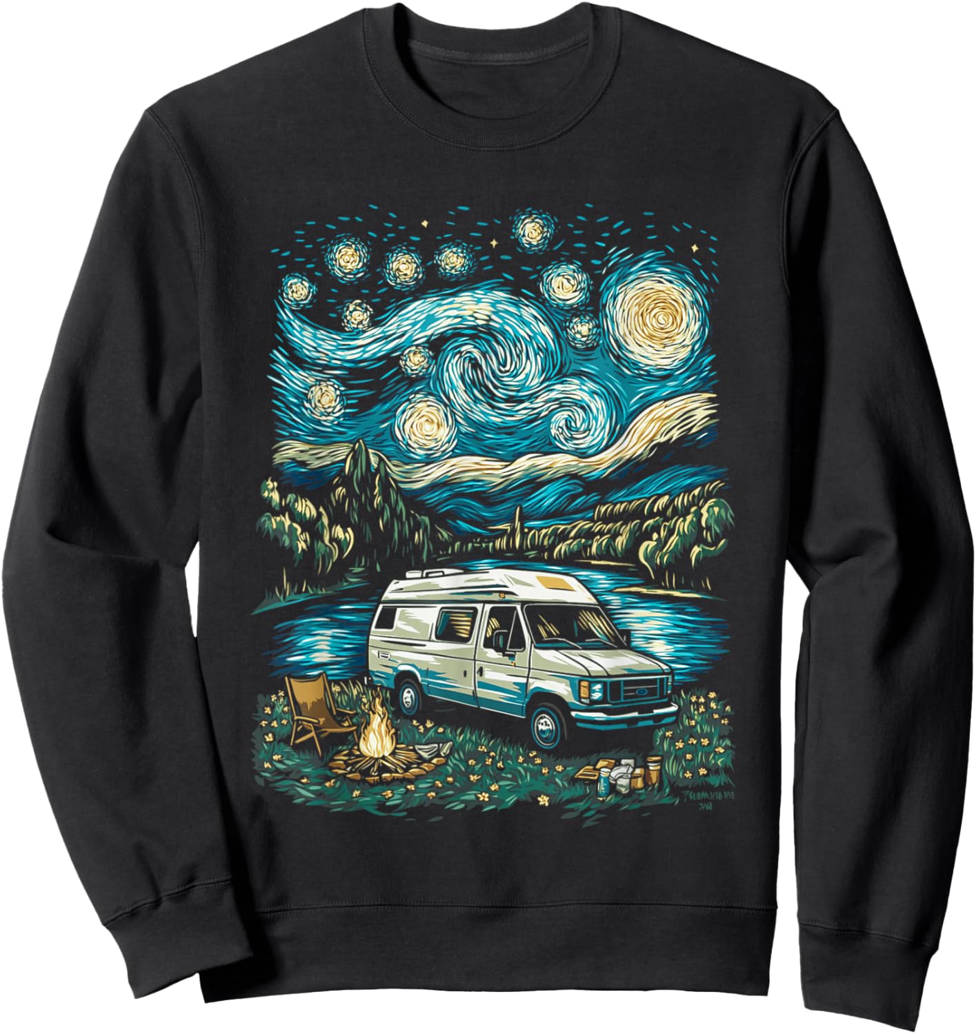 Camper Van Adventure Under Starry Sky Near Flowing River Sweatshirt - Sweatshirt | Black