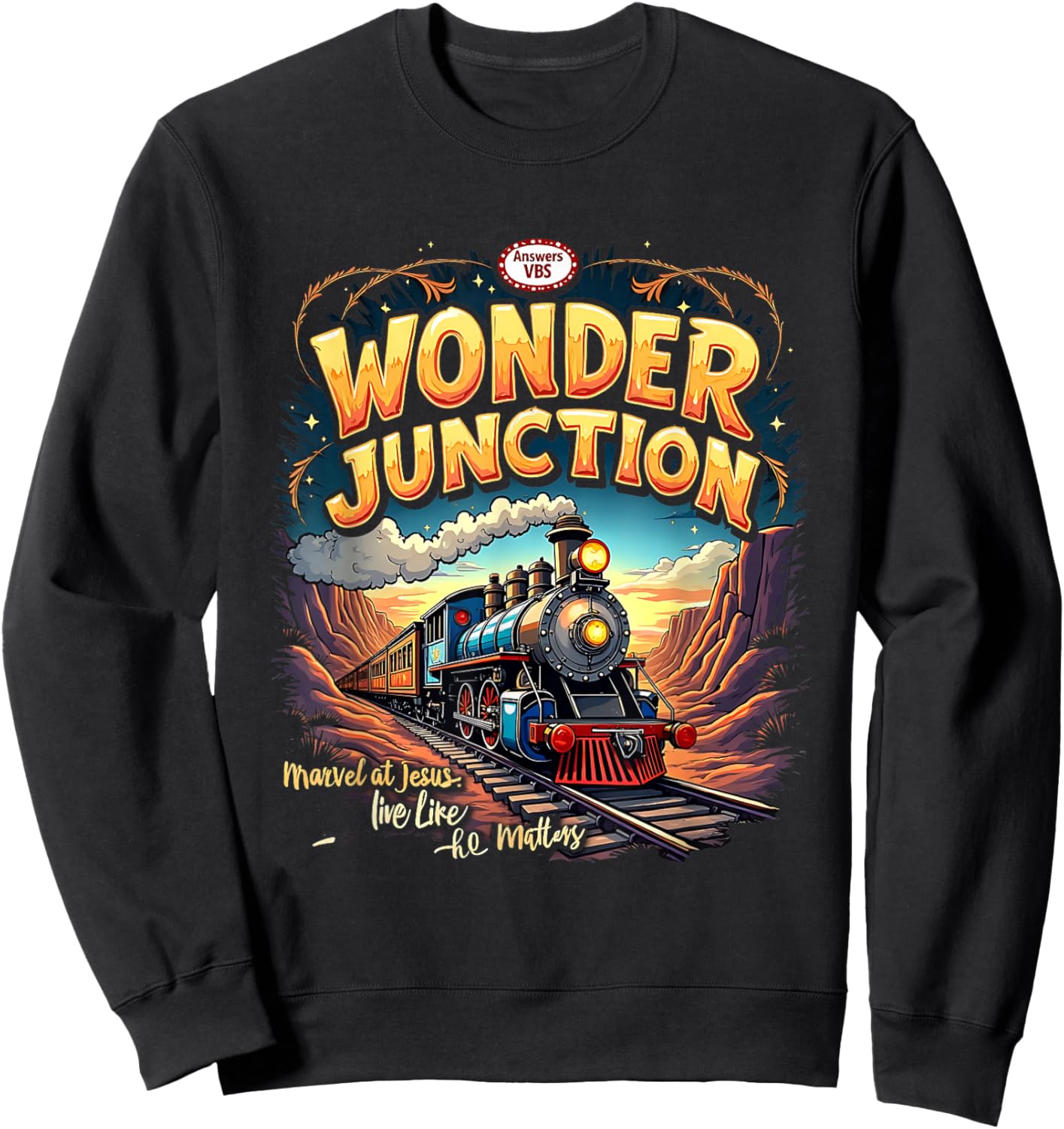 Vintage Wonder Junction VBS Train Theme Christian Graphic Sweatshirt - Sweatshirt | Black