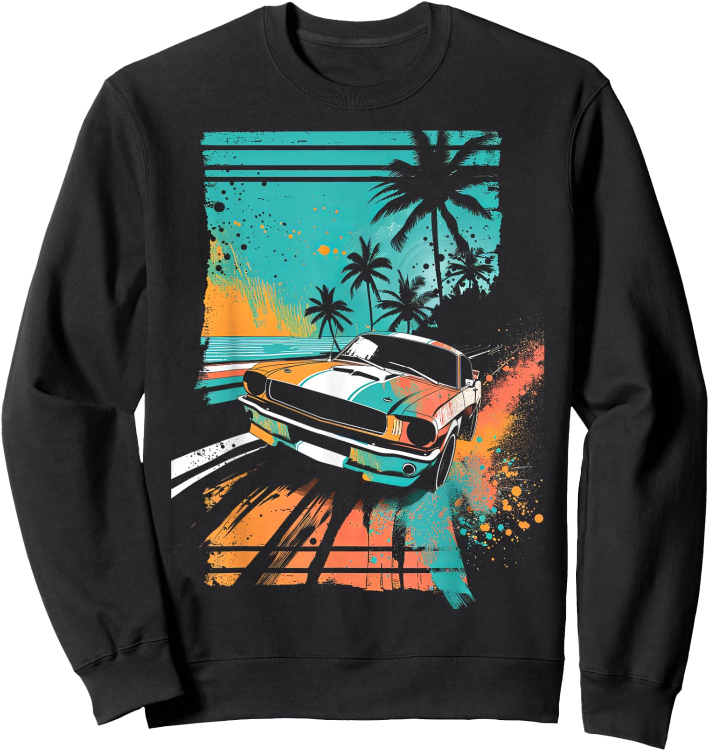 Vintage Car Teal Sunset Tropical Beach Sweatshirt - Sweatshirt | Black