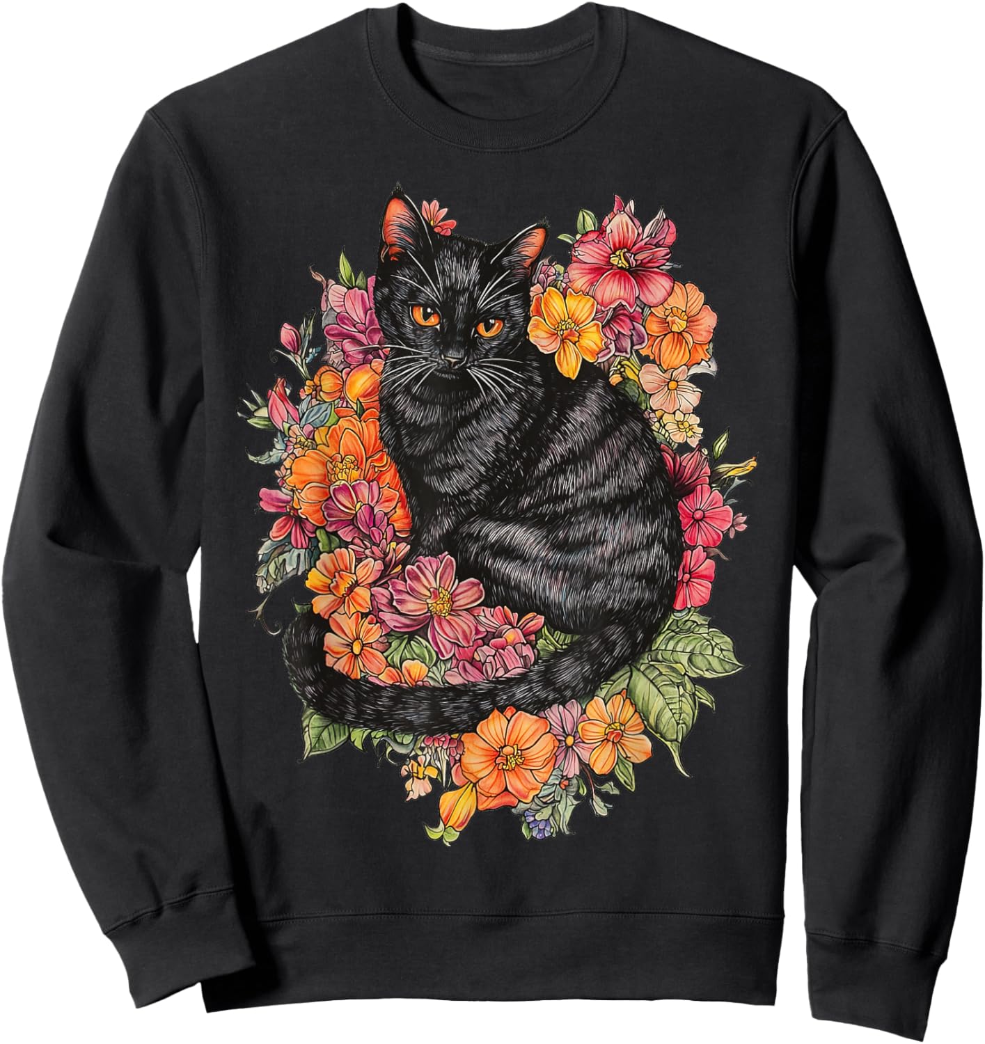 Cat Flower Floral Cute Kitten Graphic Sweatshirt - Sweatshirt | Black