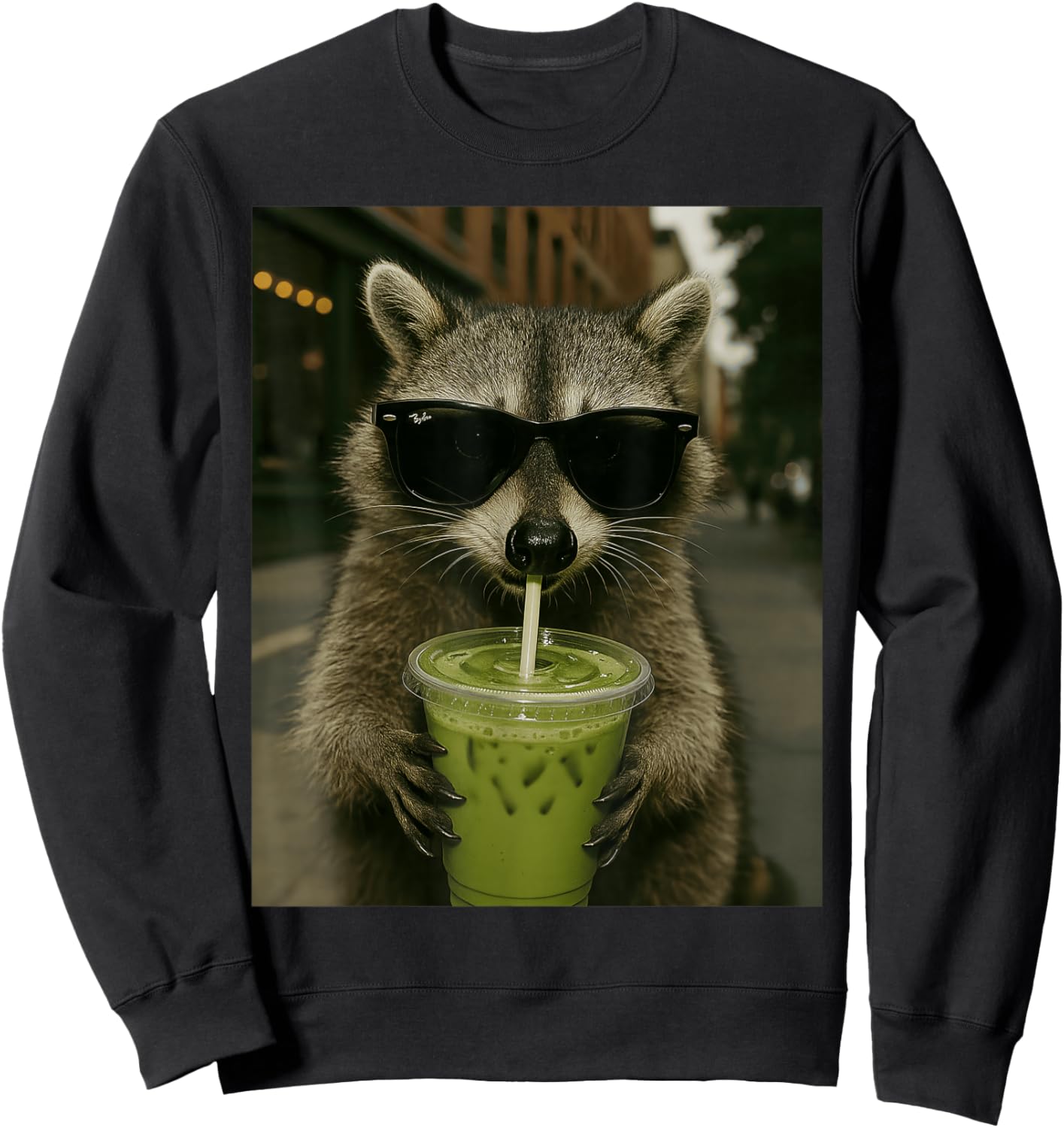 Vintage Retro Sunglasses Latte Drink Raccoon Matcha Meme Sweatshirt - Sweatshirt | Black