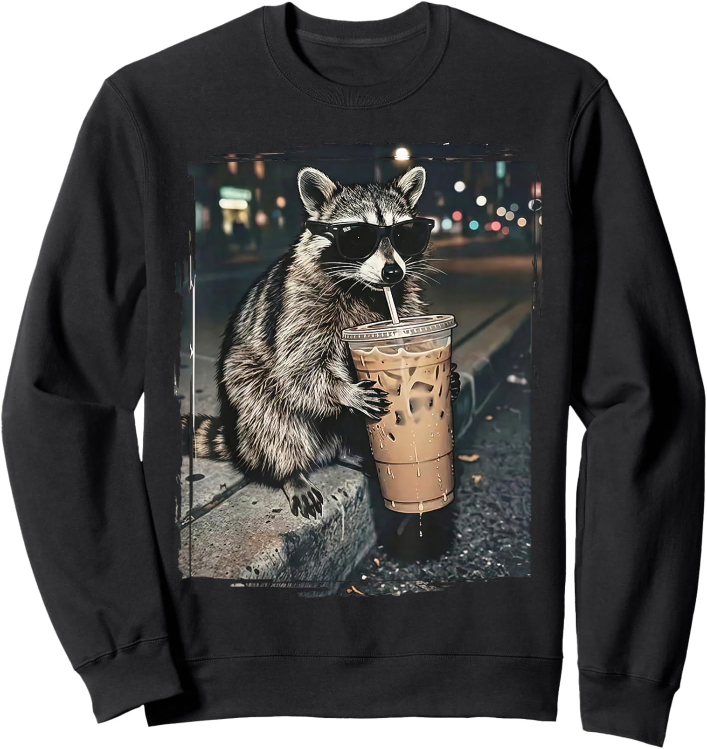 Raccoon Drinking Iced Coffee Funny Animal Meme Men Women Sweatshirt - Sweatshirt | Black
