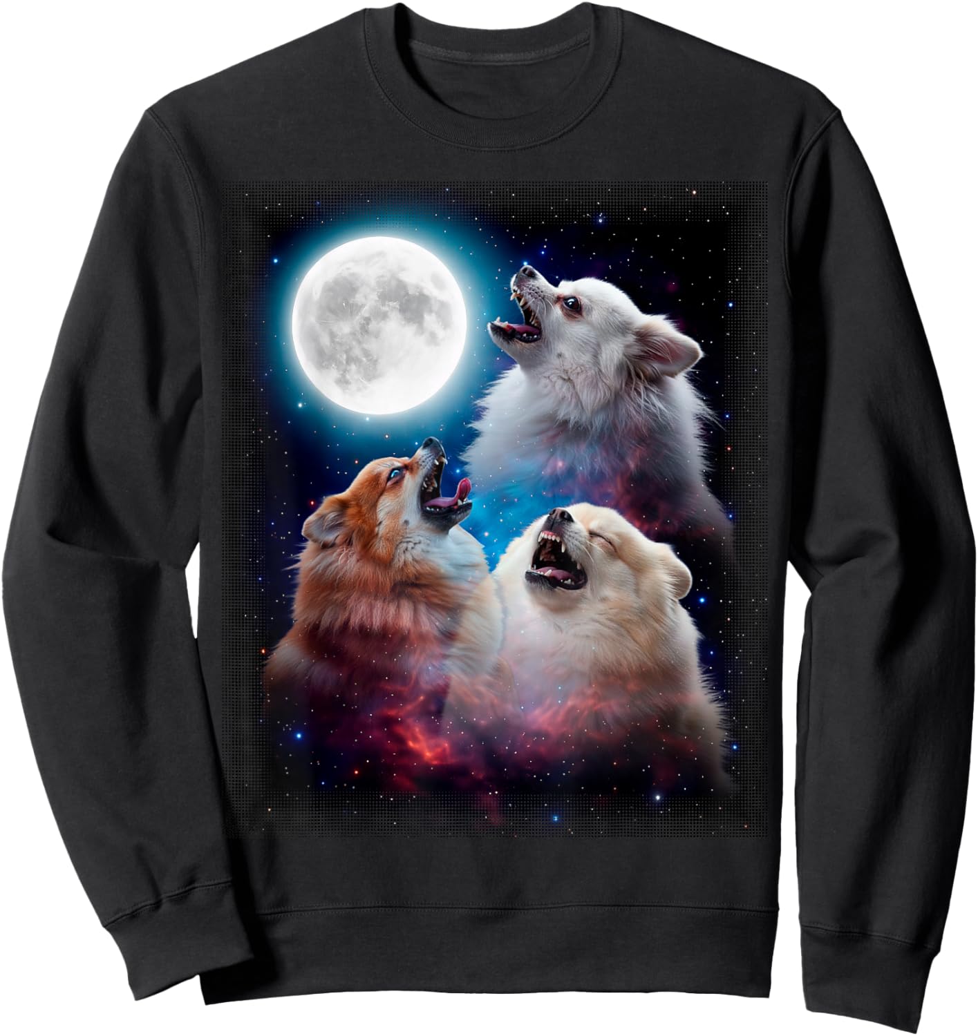 3 Pomeranians Moon Funny 80s 90s Retro Dog Sweatshirt - Sweatshirt | Black