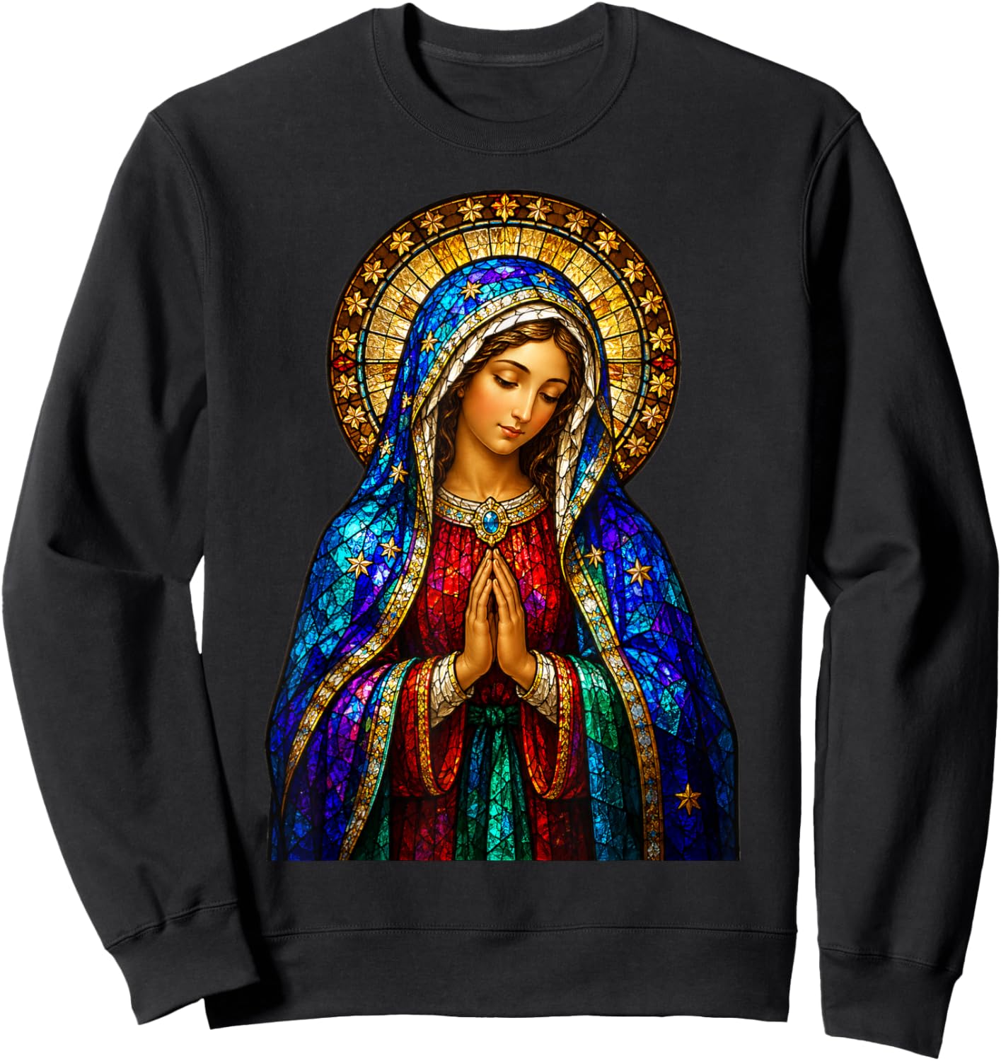Praying Virgin Mary Stained Glass Catholic Devotion Icon Sweatshirt - Sweatshirt | Black