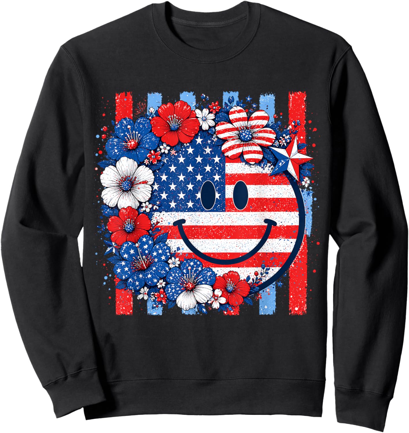 4th of July USA Smile Face Floral Patriotic Women Girl Sweatshirt - Sweatshirt | Black