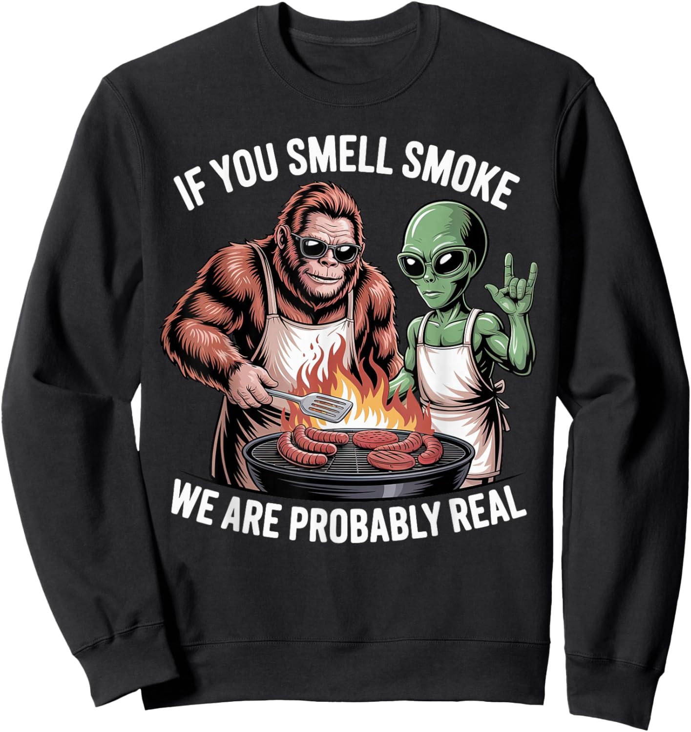 BBQ Bigfoot and Alien Men Father's Day BBQ Bigfoot Alien BBQ Sweatshirt - Sweatshirt | Black