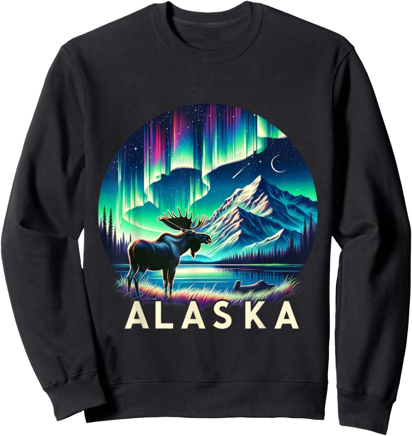 Alaska Northern Lights Aurora Viewing Moose Vacation Alaska Sweatshirt - Sweatshirt | Black