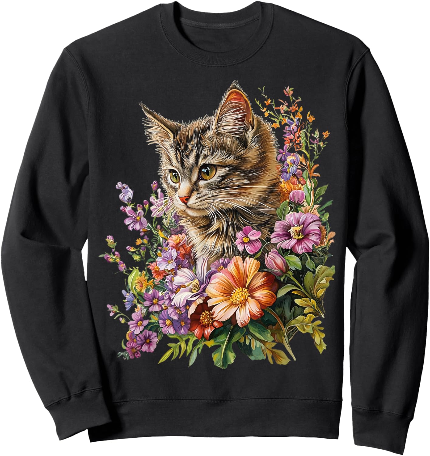 Cat Flower Floral Cute Kitten Graphic Sweatshirt - Sweatshirt | Black