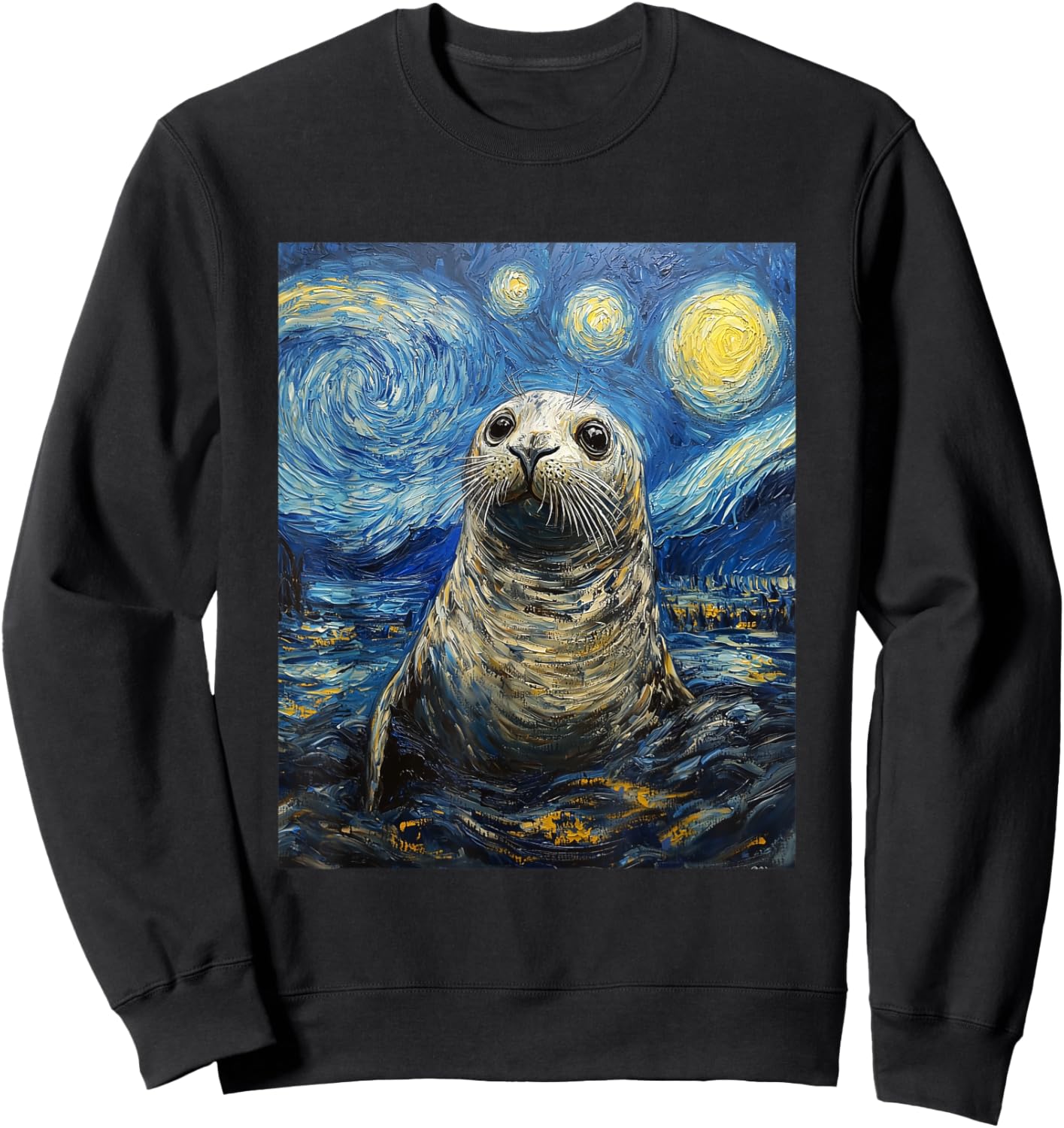 Cute Seal Sea Lion - Van Gogh Style - Starry Night Graphic Sweatshirt - Sweatshirt | Black