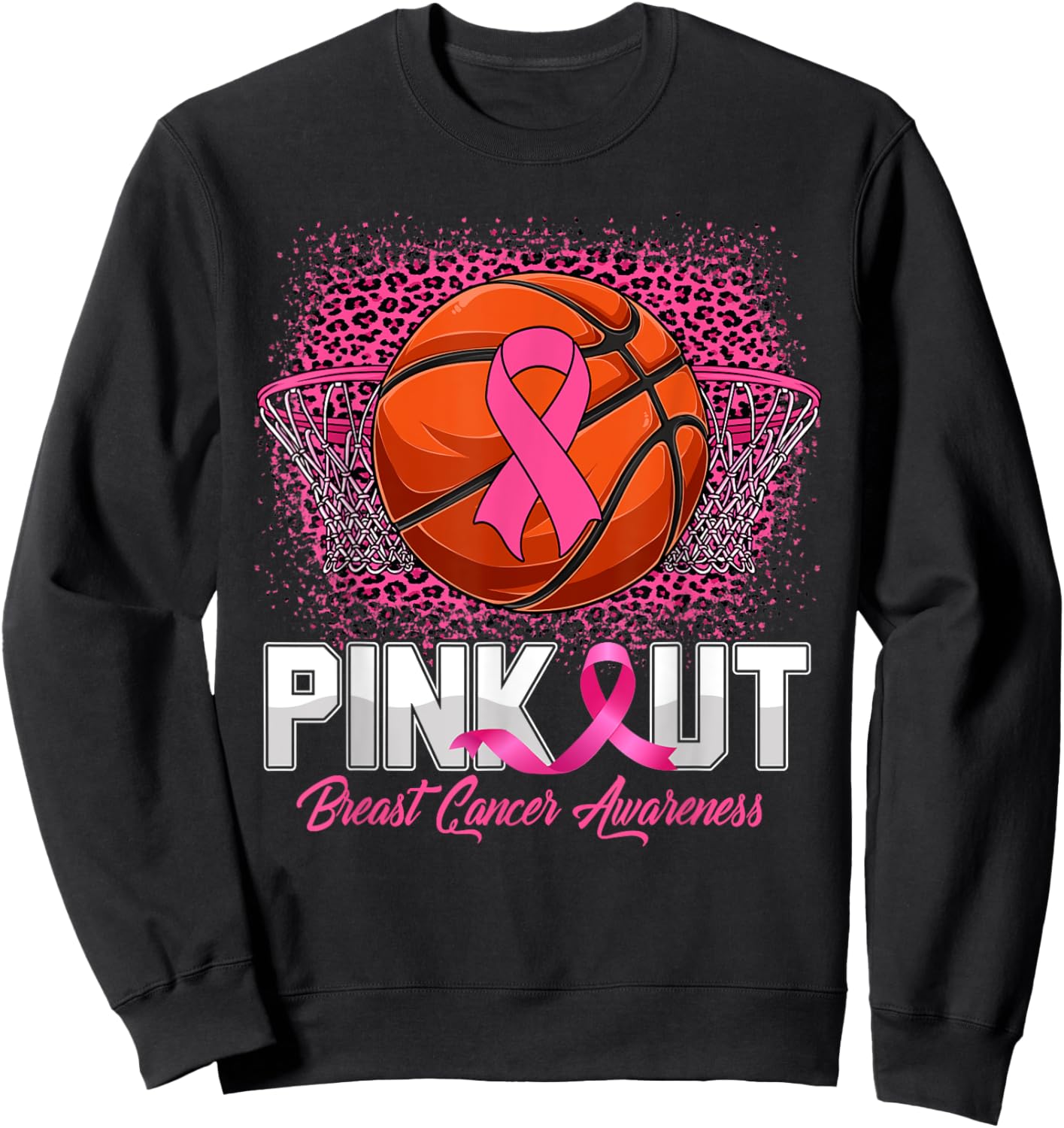 Pink Out Breast Cancer Awareness Basketball Leopard Bleached Sweatshirt - Sweatshirt | Black
