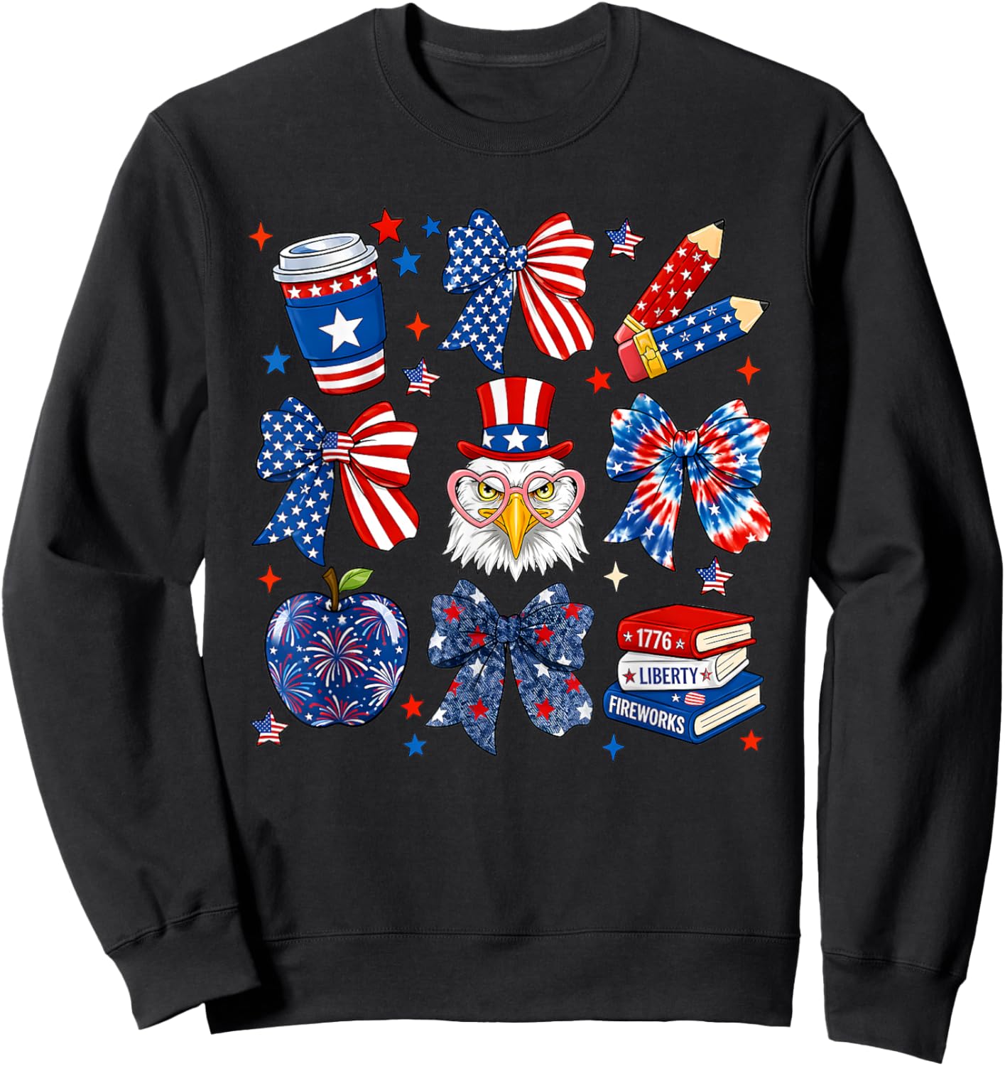 4th of July Teacher Coquette Bow Pencil USA American Flag Sweatshirt - Sweatshirt | Black