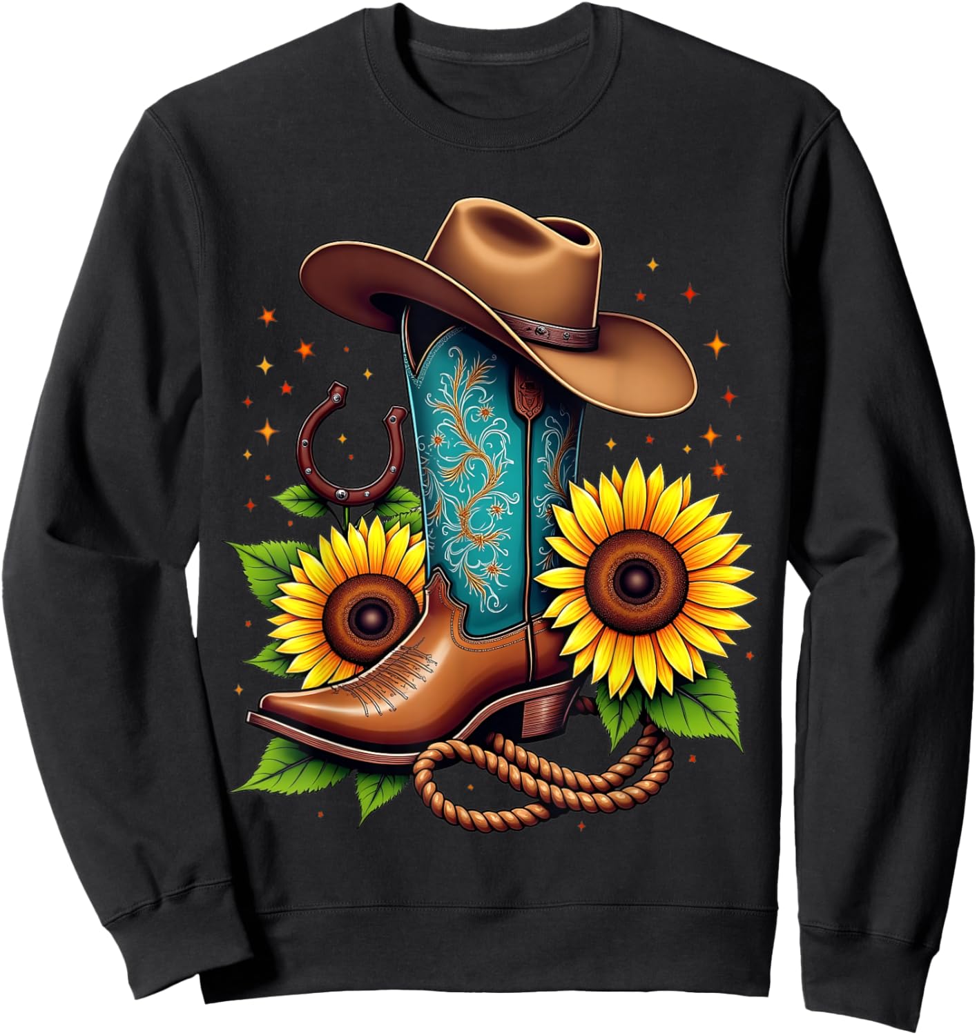 Western Cowboy Boot Sunflower Horseshoe Rope Cowgirl Boot Sweatshirt - Sweatshirt | Black