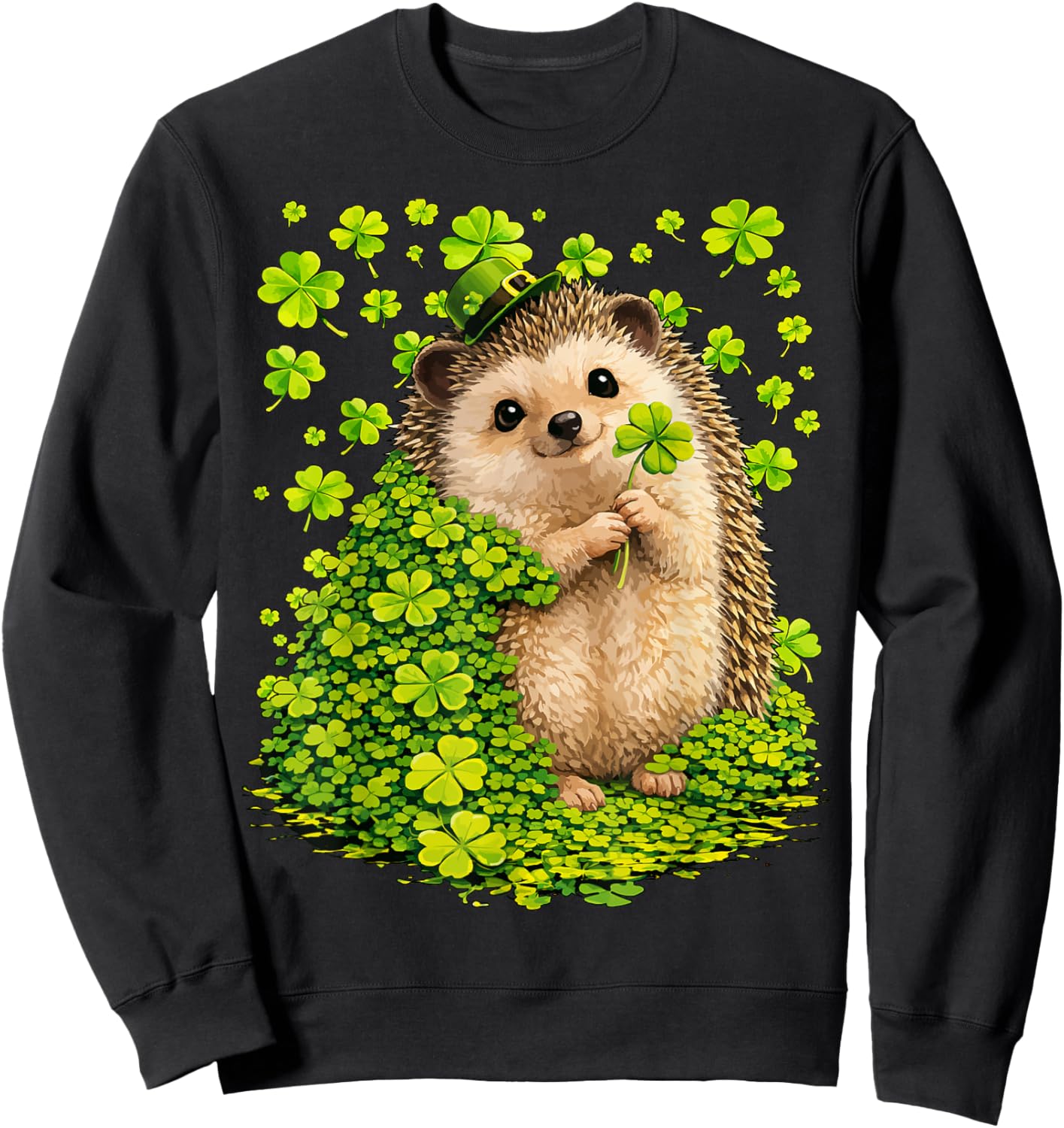 Lucky Hedgehog with Clovers and Clovers for St. Patrick's Day Sweatshirt - Sweatshirt | Black