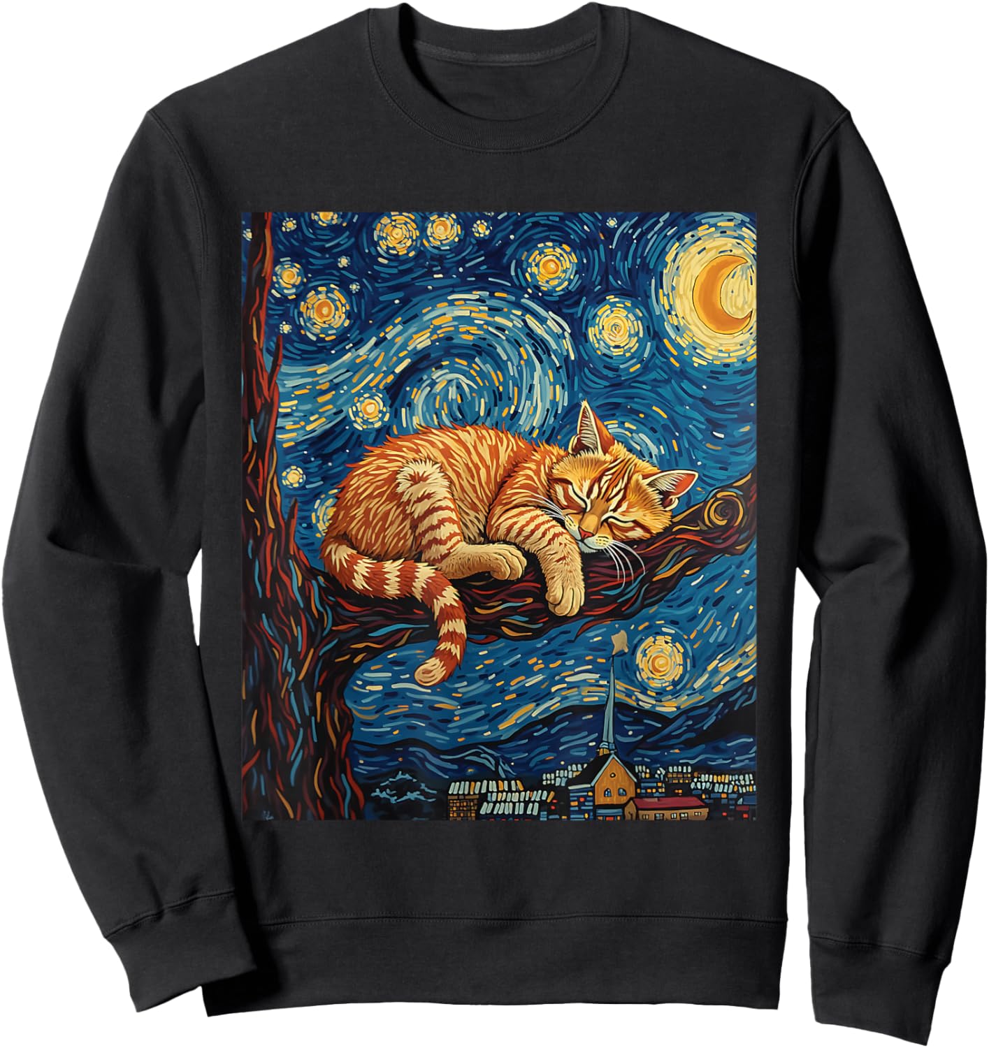 Charming Ginger Cat Van Gogh Starry Night Graphic Cat Lovers Sweatshirt - Sweatshirt | Black