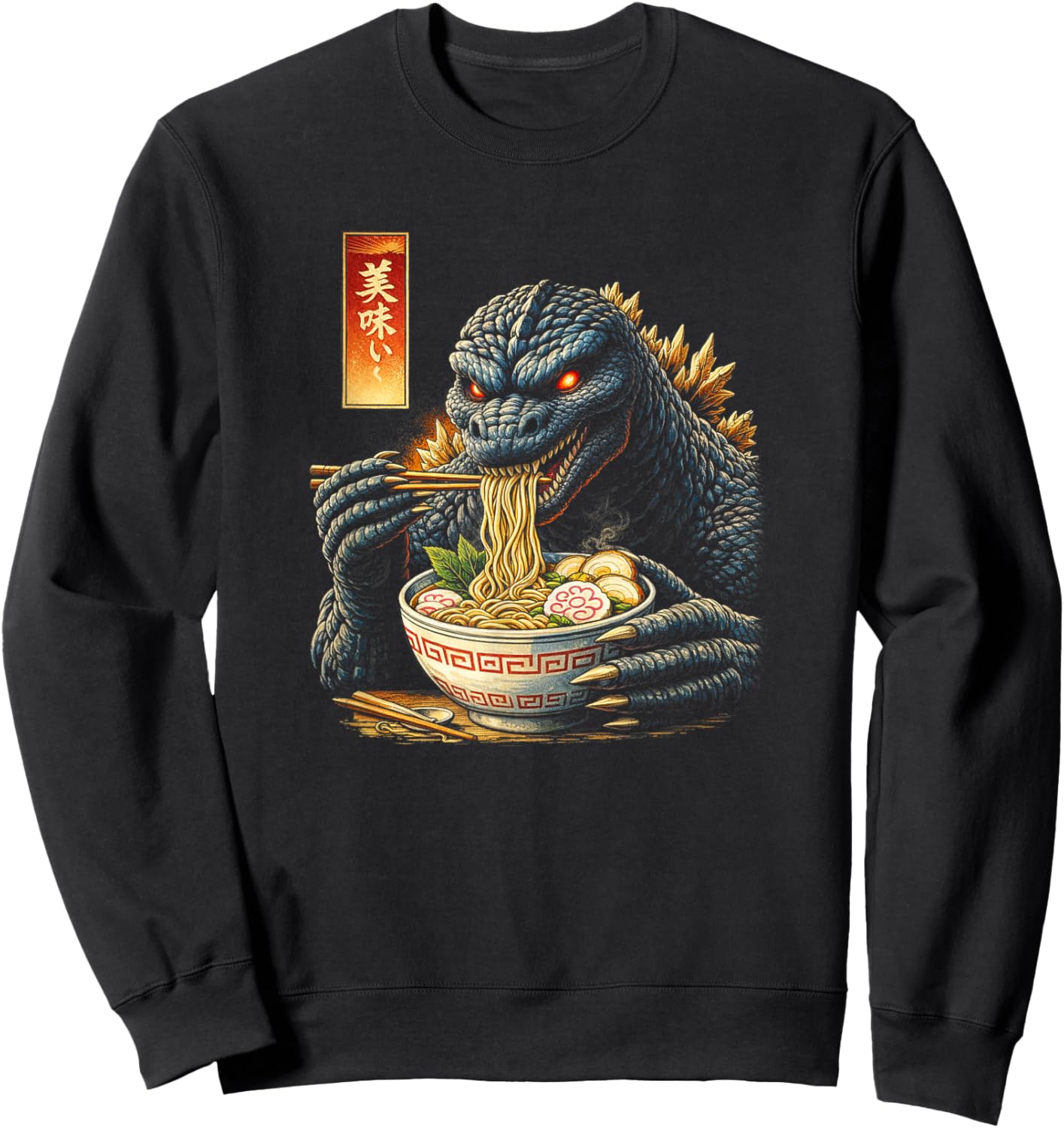 Kaiju Monster Eating Ramen – Japanese Foodie Fun Sweatshirt - Sweatshirt | Black