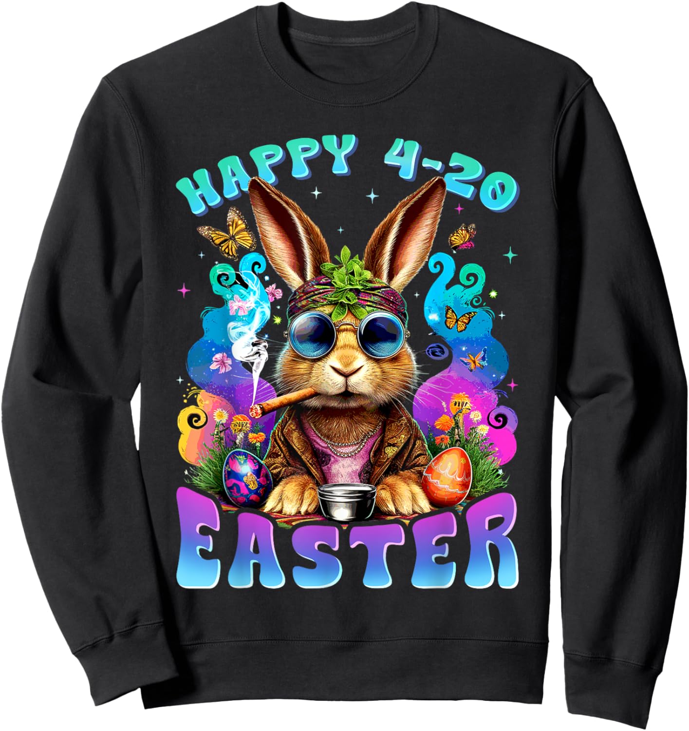 Happy 420 Easter Funny Smoking Easter Bunny Men Women Sweatshirt - Sweatshirt | Black