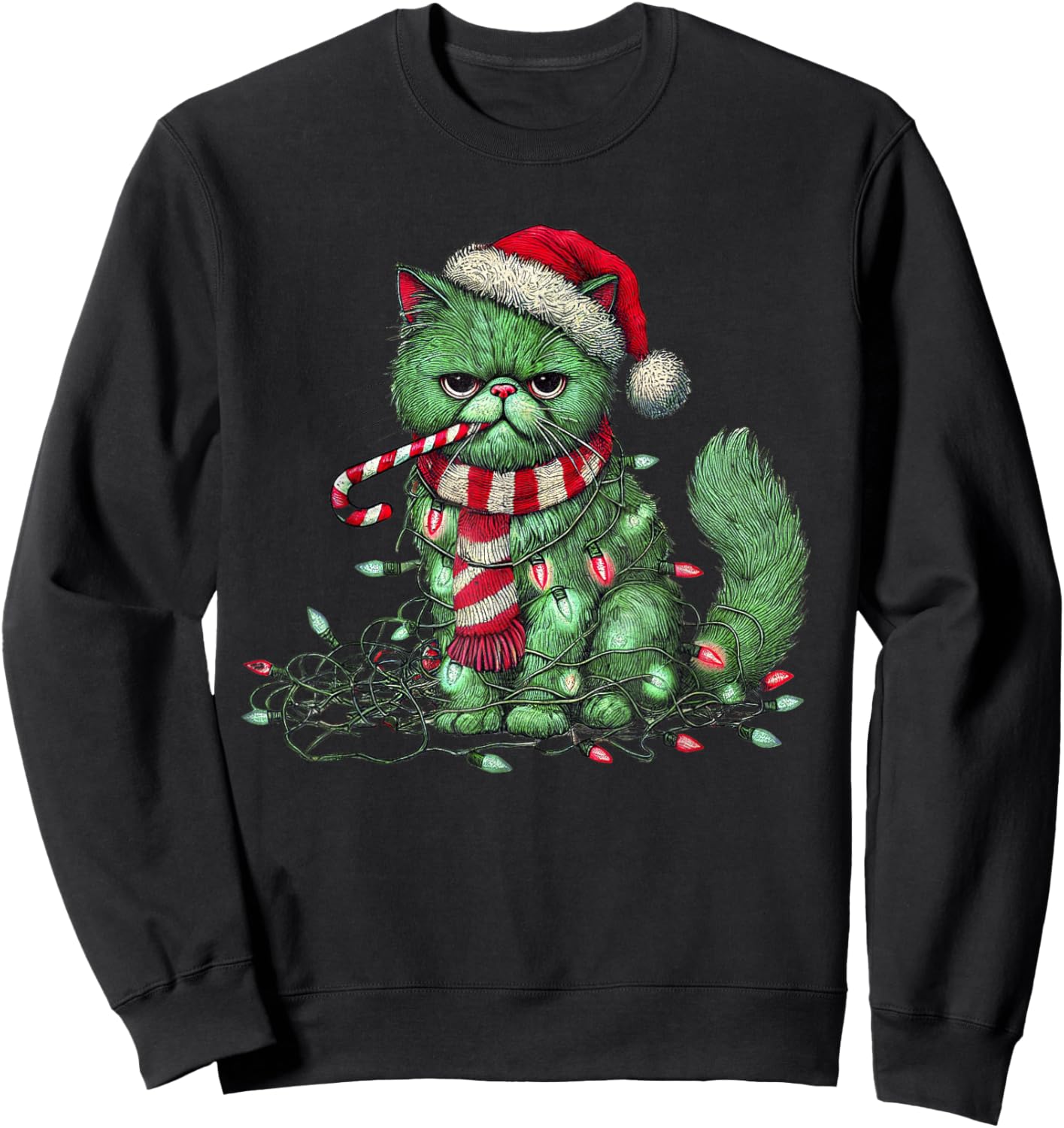 Christmas Cat with Santa Hat & Tree Lights Christmas cat Sweatshirt - Sweatshirt | Black