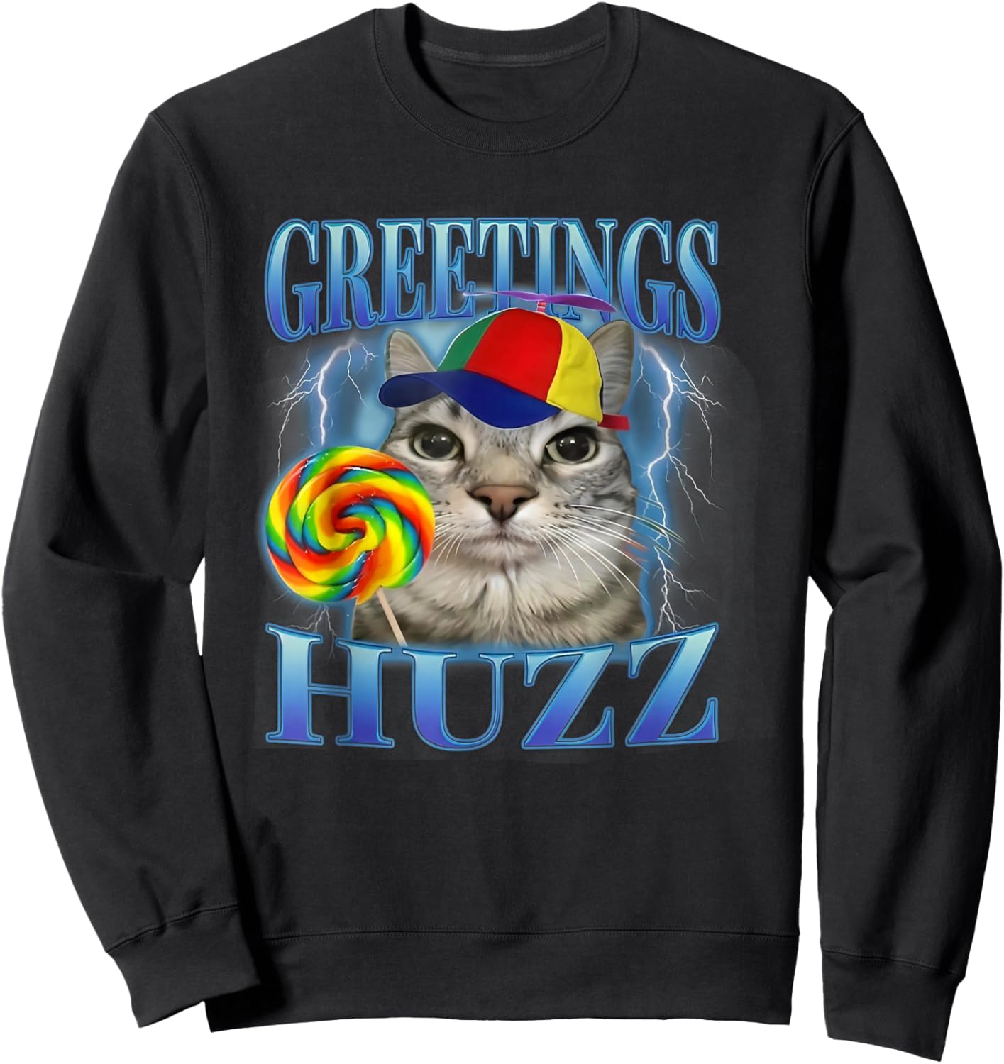Greetings Huzz Silly Cat with Propeller Hat Sweatshirt - Sweatshirt | Black