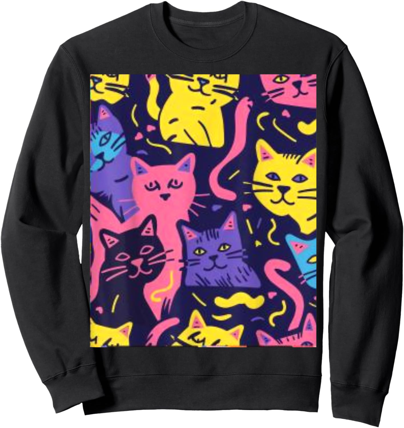 80's Neon Cat Pattern Women Sweatshirt - Sweatshirt | Black