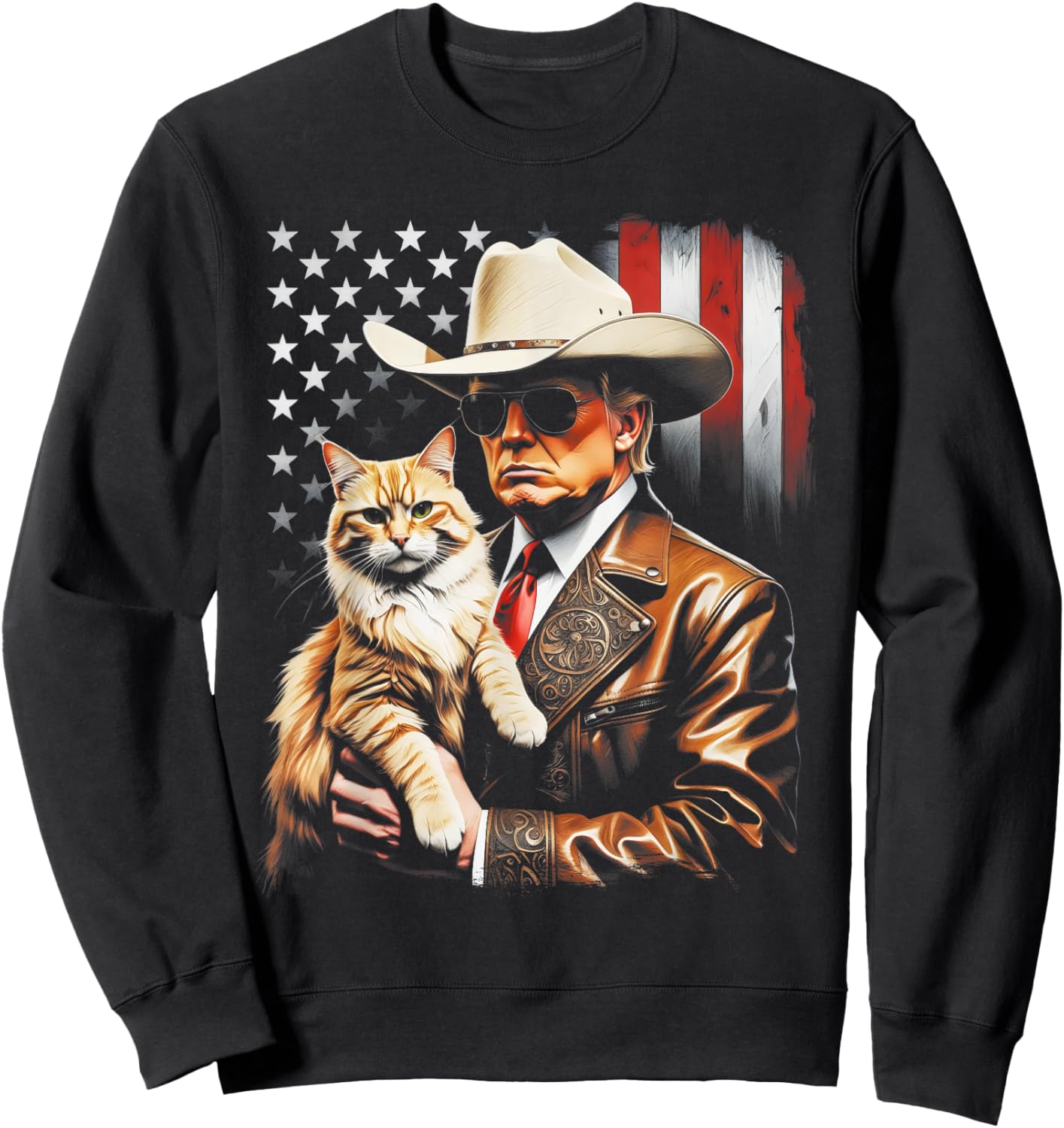 Trump and Cute Cat and American Flag Funny Trump Cowboy Sweatshirt - Sweatshirt | Black