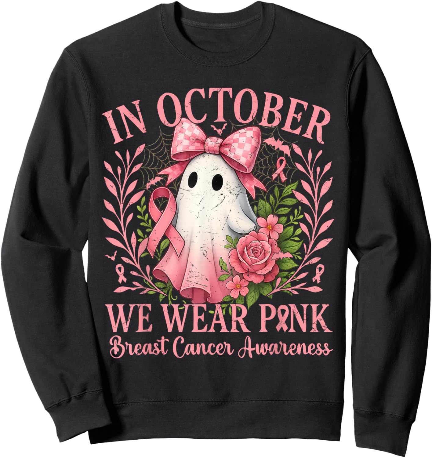 in October We Wear Pink Ghost with Flowers Breast Cancer Sweatshirt - Sweatshirt | Black