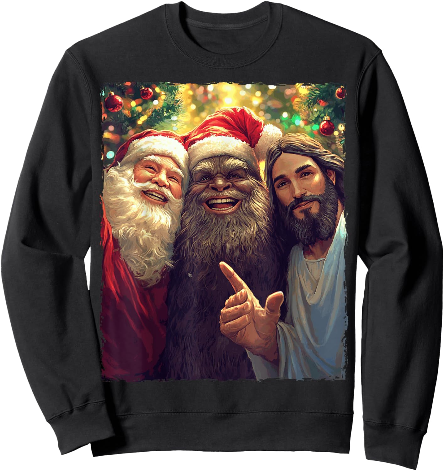 Funny Bigfoot Sasquatch Selfie Santa Jesus Xmas Christmas Sweatshirt - Sweatshirt | Black