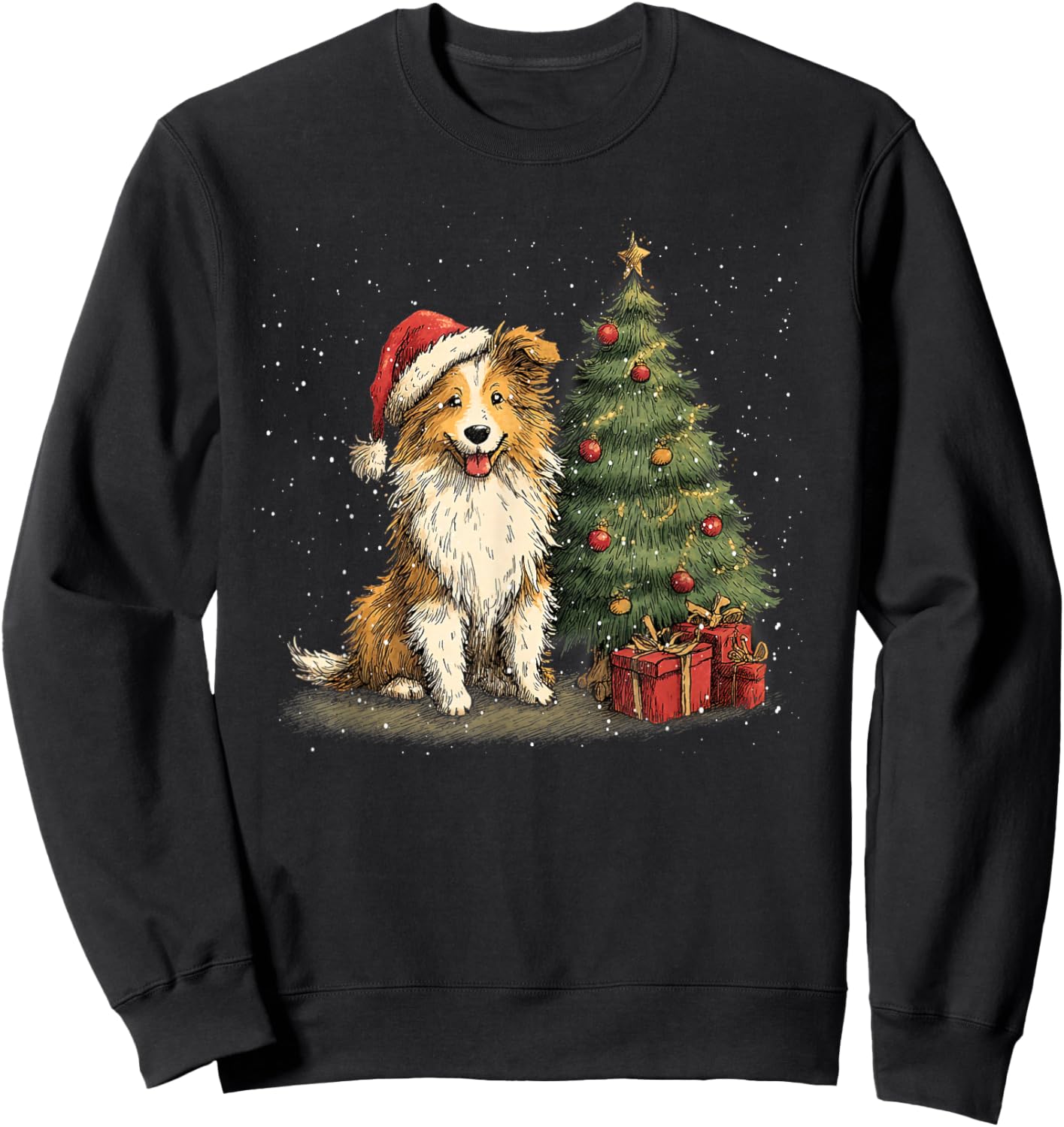 Funny Shetland Sheepdog Christmas Tree Dog Lights Xmas Sweatshirt - Sweatshirt | Black