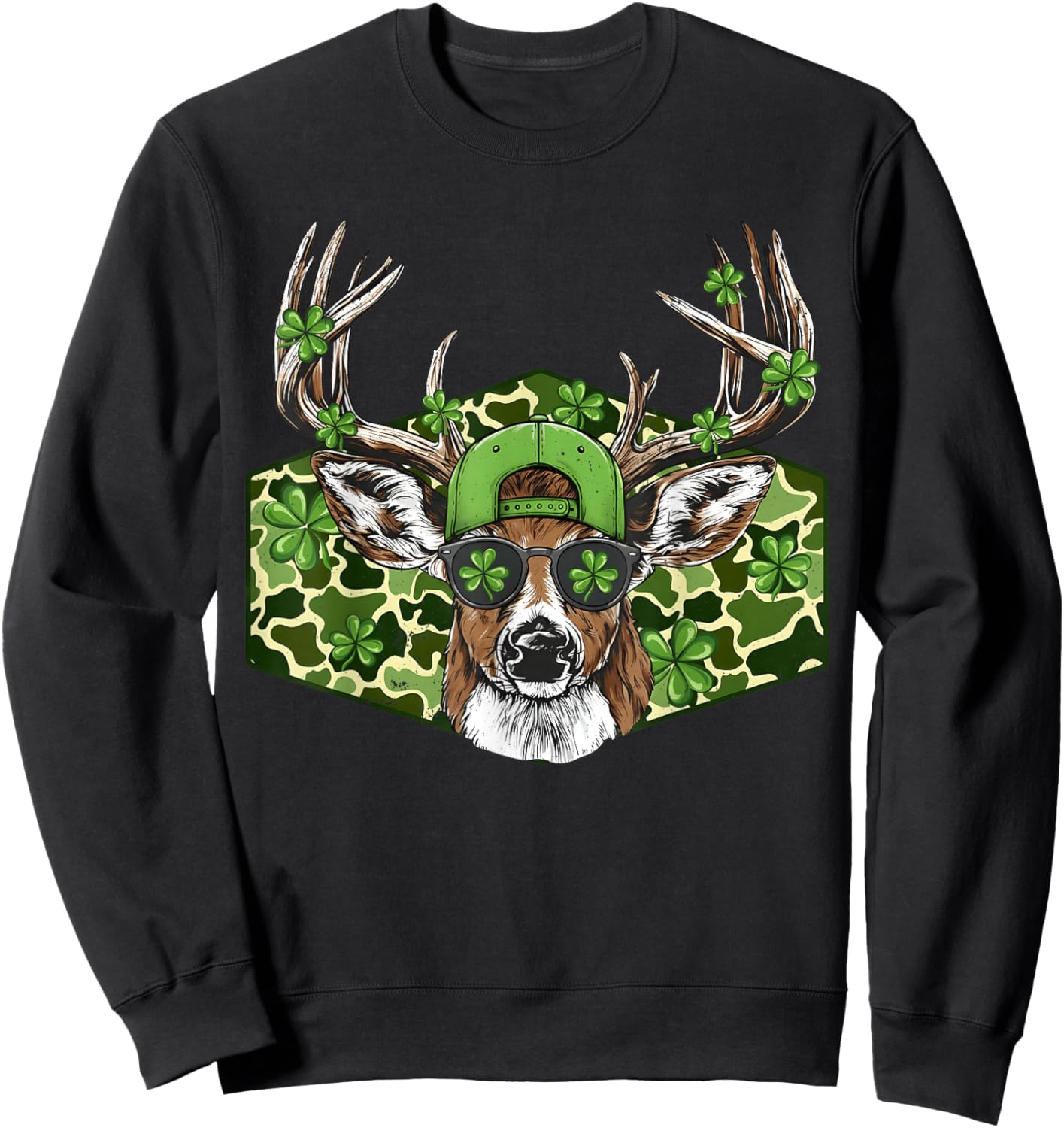 St Patricks Day Buck Camo Lucky Hunting Deer Irish Boy Girl Sweatshirt - Sweatshirt | Black