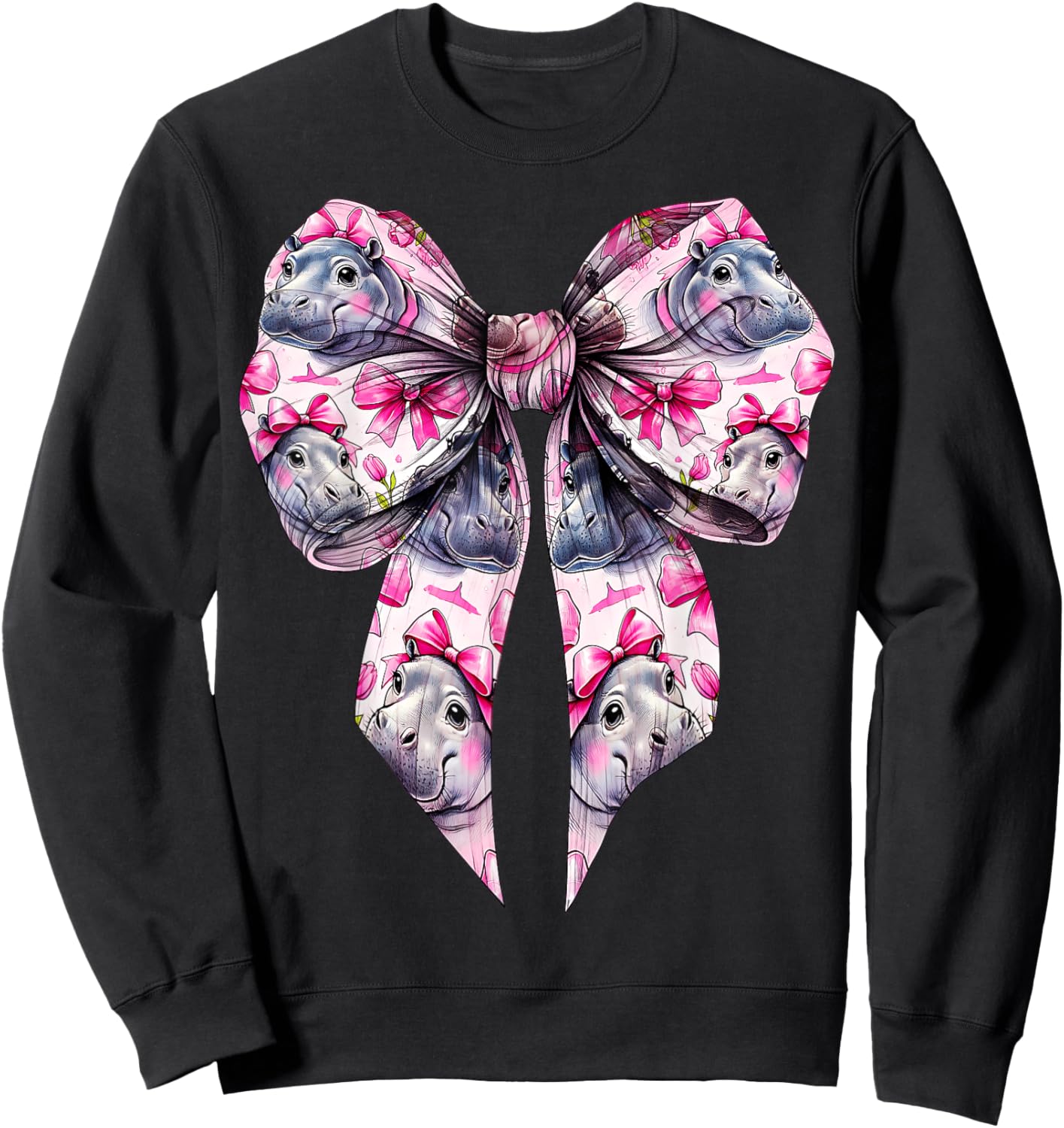 Coquette Bow Hippo Hippopotamus Blushing Pattern Girl Mom Sweatshirt - Sweatshirt | Black