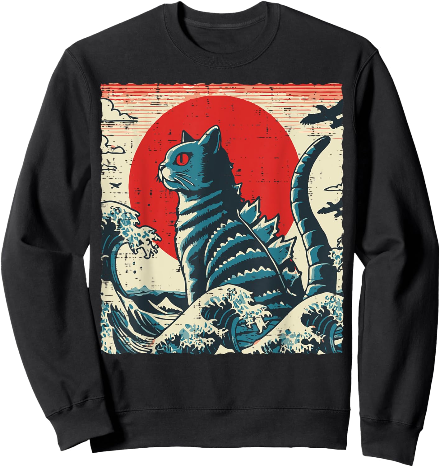 Cat Monster Japanese Wave Vintage Catzilla Art Men Women Kid Sweatshirt - Sweatshirt | Black