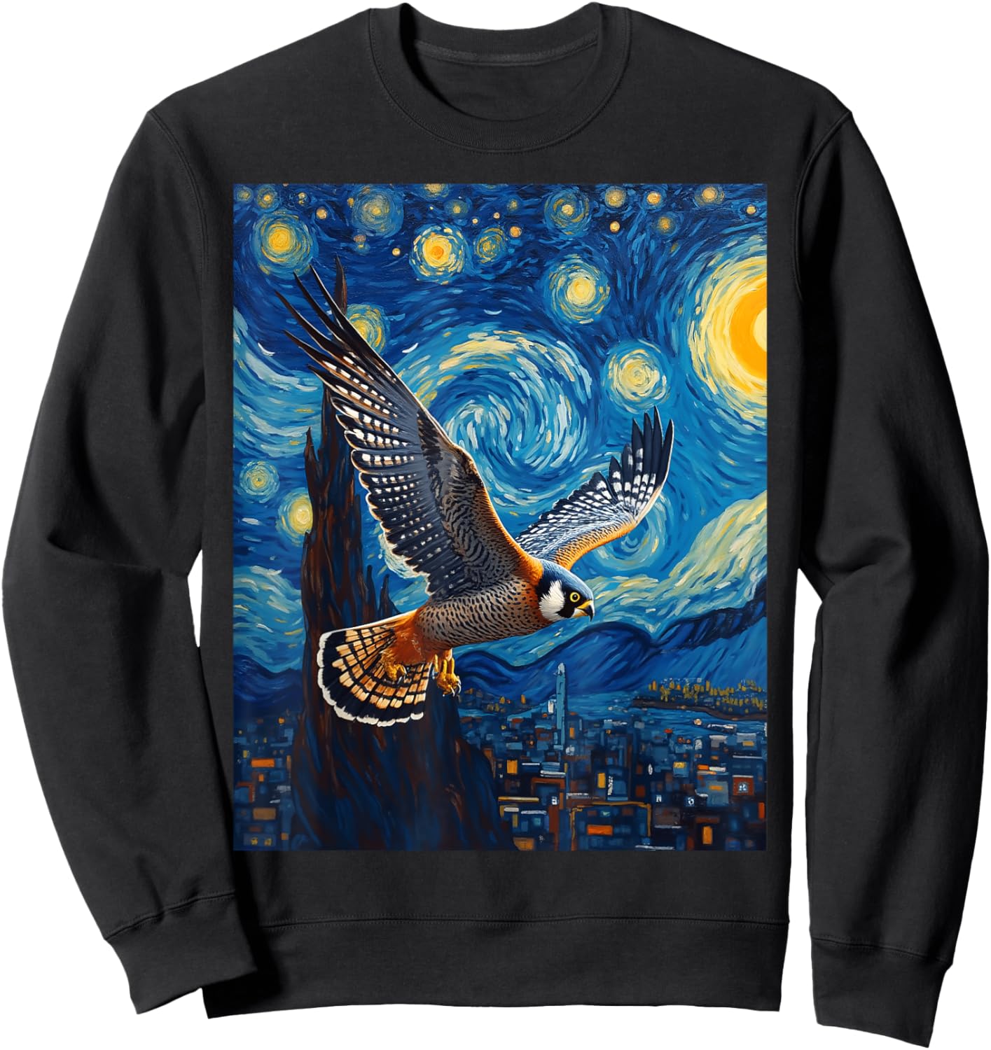 Van Gogh's Starry Night Peregrine Falcon Sky Bullet Animal Sweatshirt - Sweatshirt | Black