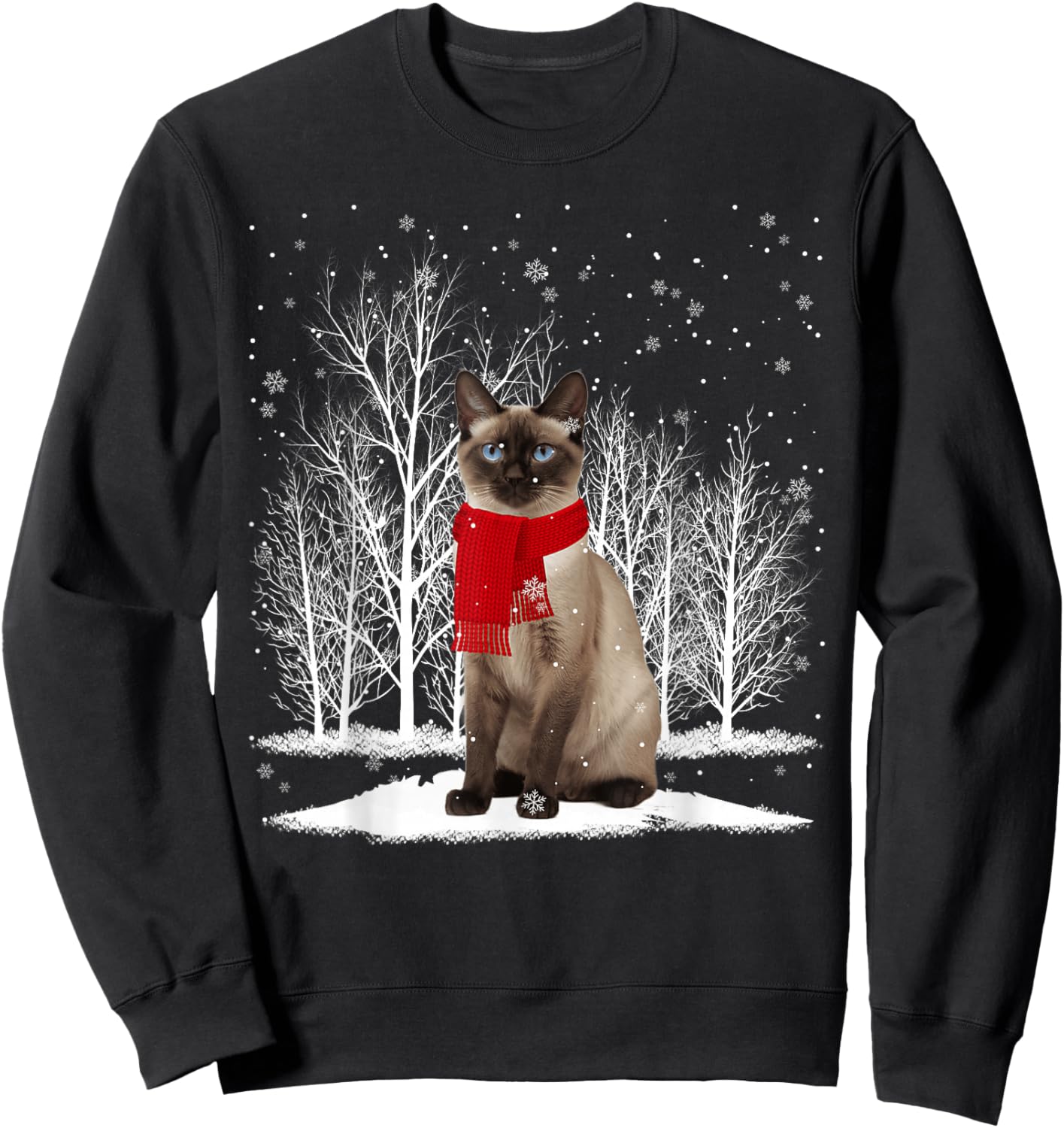 Funny Siamese Cat Wearing Ugly Christmas Sweater Scarf Xmas Sweatshirt - Sweatshirt | Black