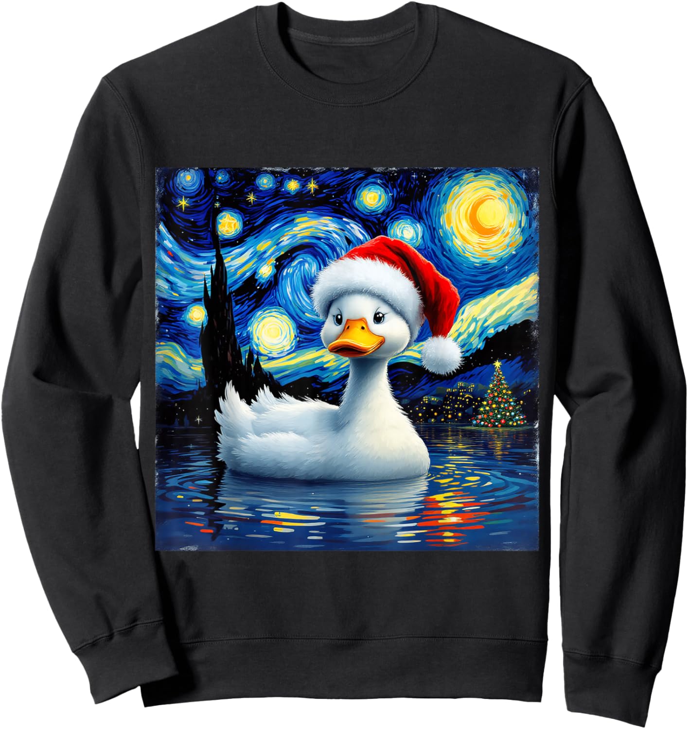 Christmas Duck Santa Hat Van Gogh Starry Night Holiday Sweatshirt - Sweatshirt | Black
