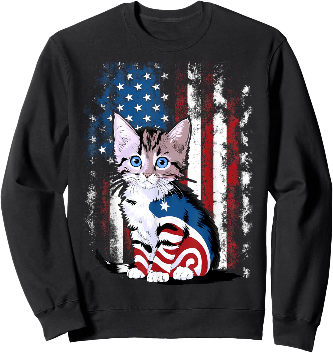 Memorial Day Cat Funny Kitten 4th of July Patriotic Usa Flag Sweatshirt - Sweatshirt | Black