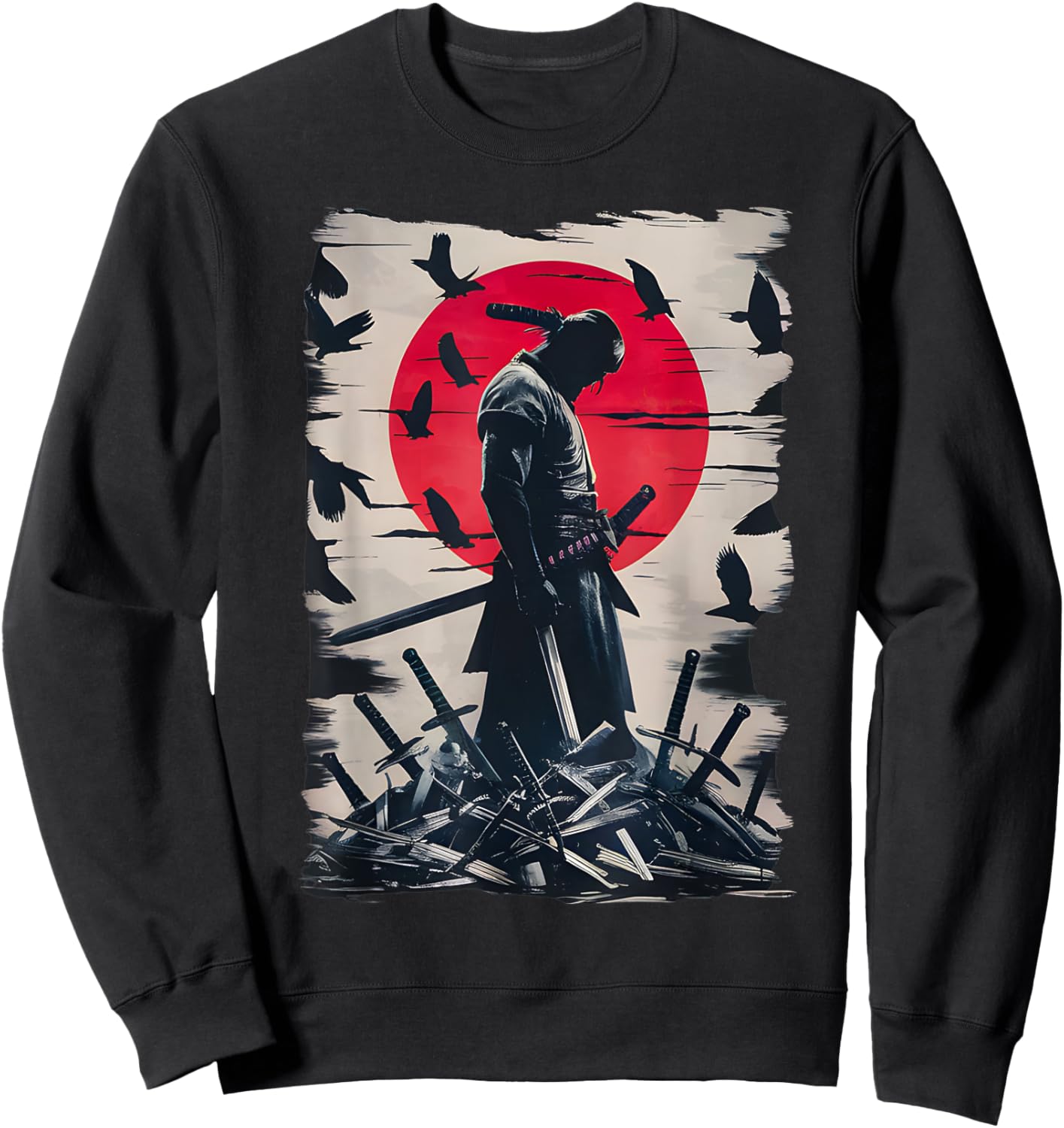 Japanese Anime Art Lone Samurai with Red Sun and Crows Sweatshirt - Sweatshirt | Black